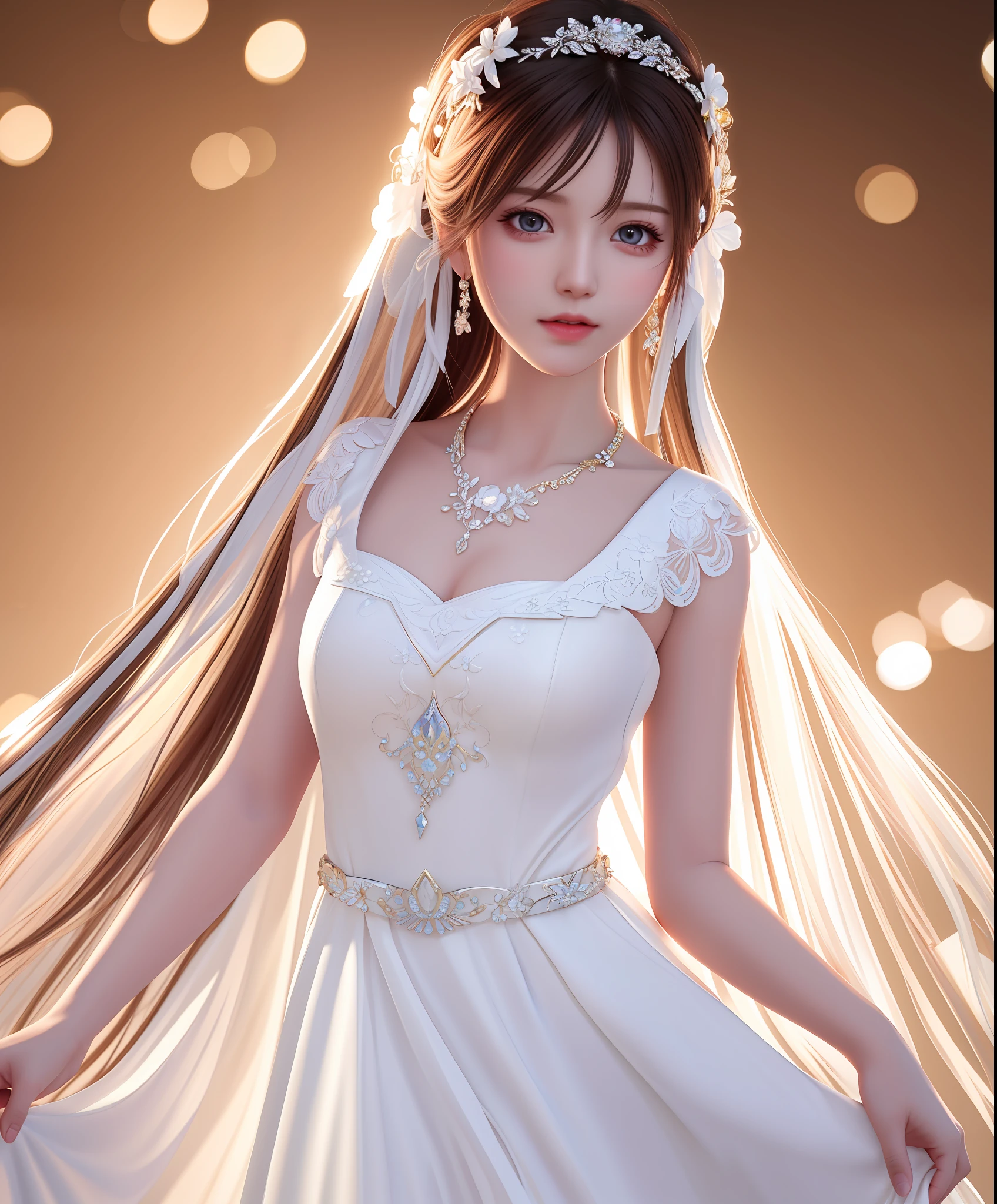 Best Quality, Masterpiece, High Resolution, 1Girl, Porcelain Dress, Hair Accessories, Necklace, Jewelry, Beautiful Face, Physical, Tyndall Effect, Realistic, Dressed in White Long Dress, Edge Lighting, Two-tone Lighting, (High Detail Skin: 1.2), 8K UHD, DSLR, Soft Light, High Quality, Volumetric Light, Voy Shot, Photo, High Resolution, 4K, 8K, Bokeh,