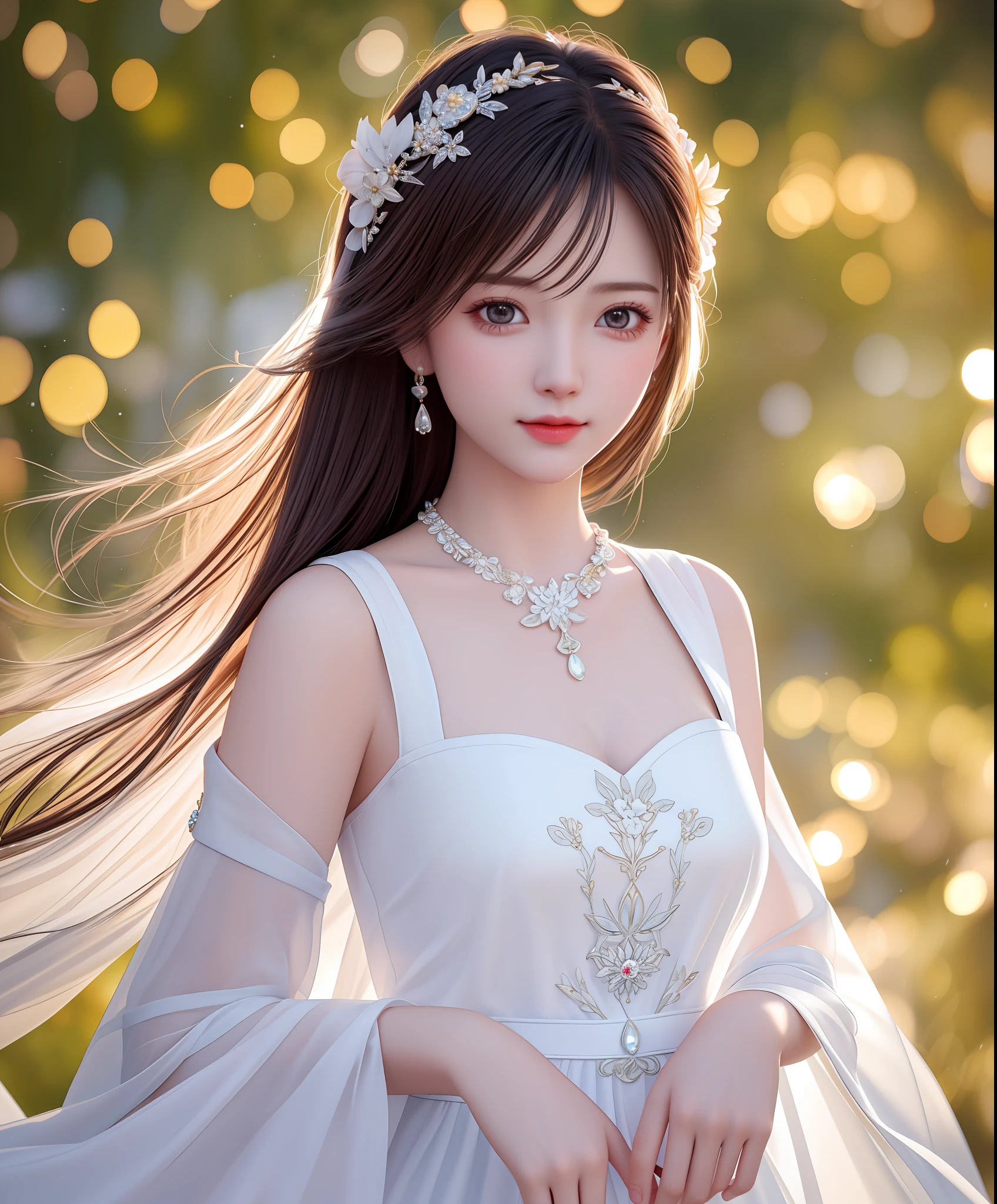 Best Quality, Masterpiece, High Resolution, 1Girl, Porcelain Dress, Hair Accessories, Necklace, Jewelry, Beautiful Face, Physical, Tyndall Effect, Realistic, Dressed in White Long Dress, Edge Lighting, Two-tone Lighting, (High Detail Skin: 1.2), 8K UHD, DSLR, Soft Light, High Quality, Volumetric Light, Voy Shot, Photo, High Resolution, 4K, 8K, Bokeh,
