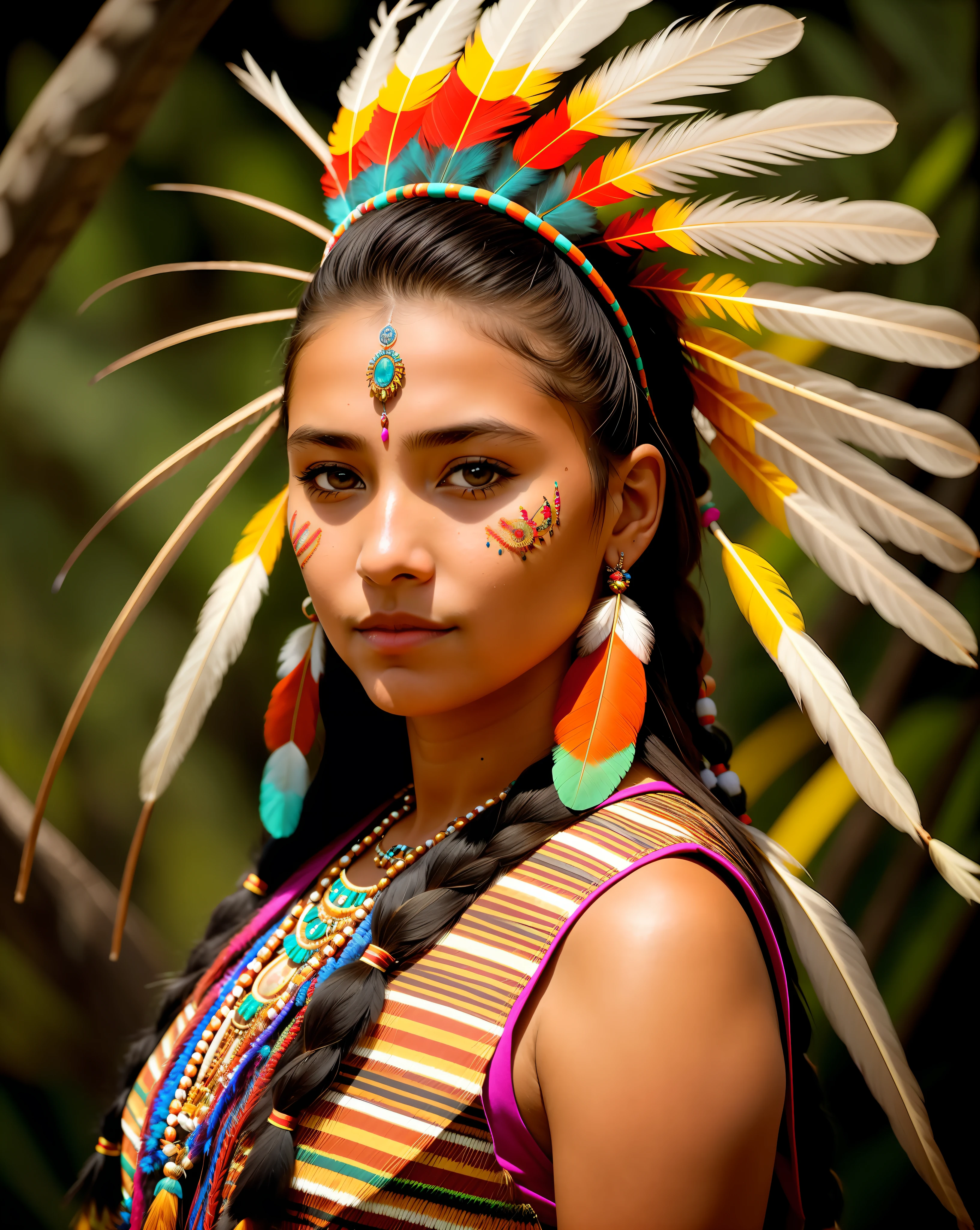 arafed woman in native dress with feathers and feathers on her head, amazon indian peoples in brazil, beautiful young female shaman, portrait of a young pocahontas, aztec princess portrait, indian girl with brown skin, wearing crown of bright feathers, native american, closeup portrait shot, a young female shaman, wearing a native american choker, girl with feathers