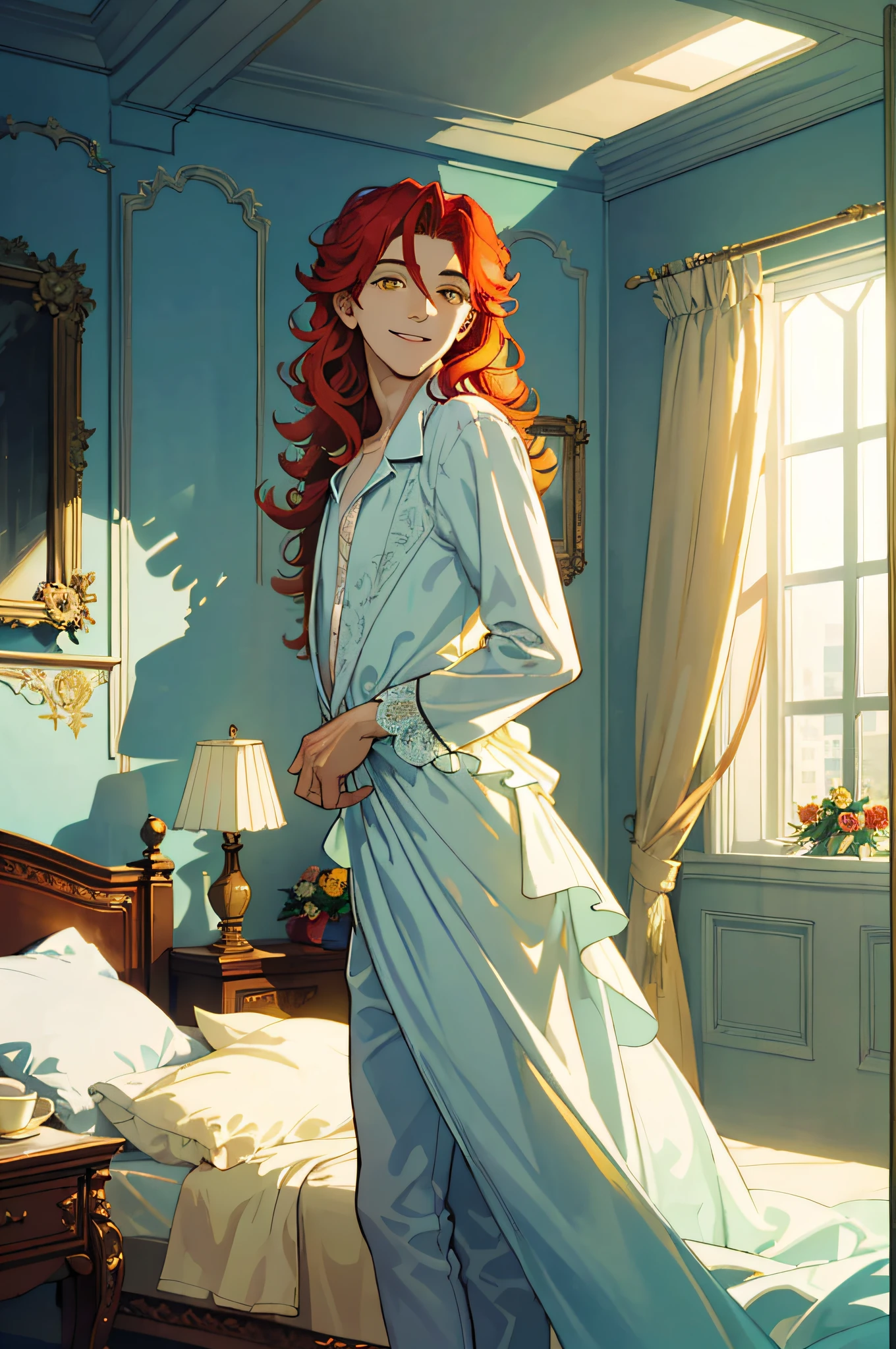 Masterpiece, best quality, 1 male, teenager, delicate eyes, intricate details, rich movements, delicate skirt, interior, bedroom, soft lighting, pajamas, nudity, light clothing, long red curls, yellow eyes, smile, gentle smile, sunlight, rose, flame, best light and shadow, sky blue, light green