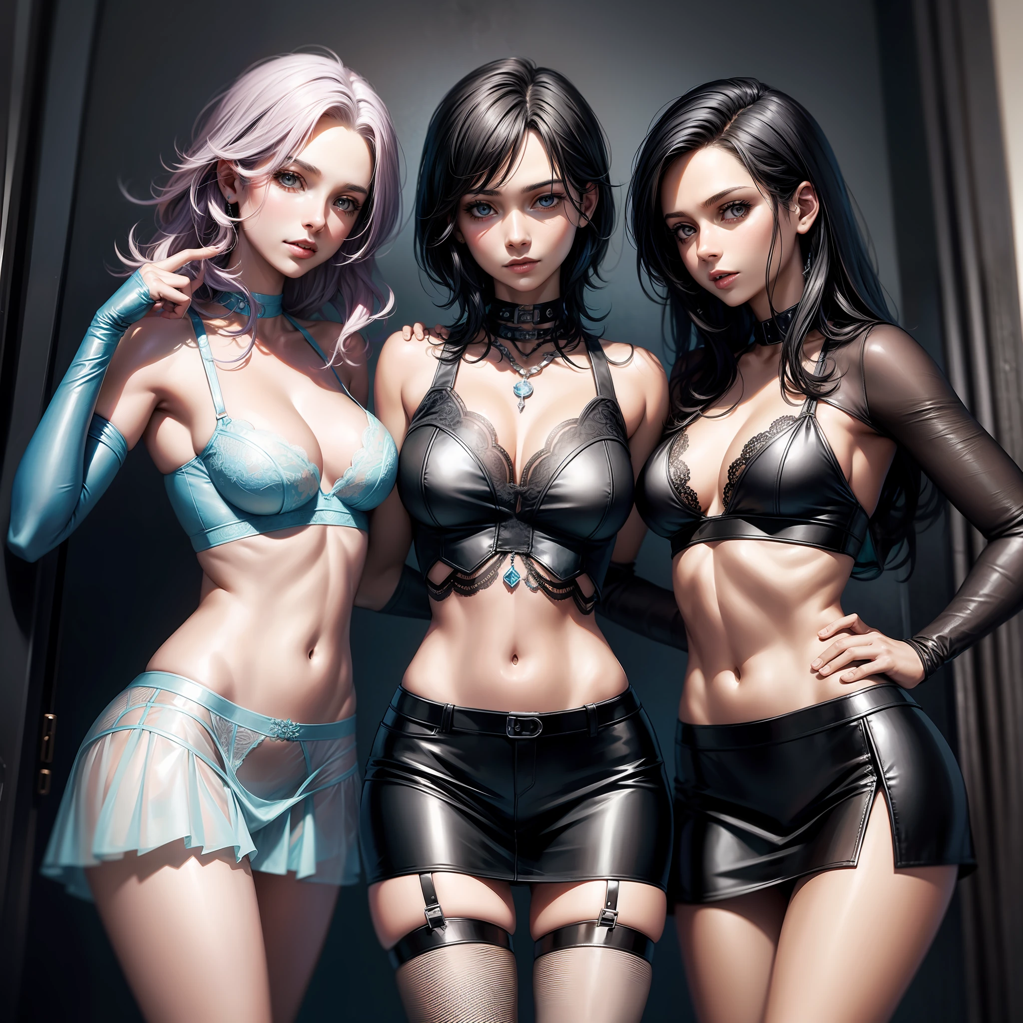 Percy Jackson characters taking self in group, see-through lingerie, leather clothing, mini-skirt