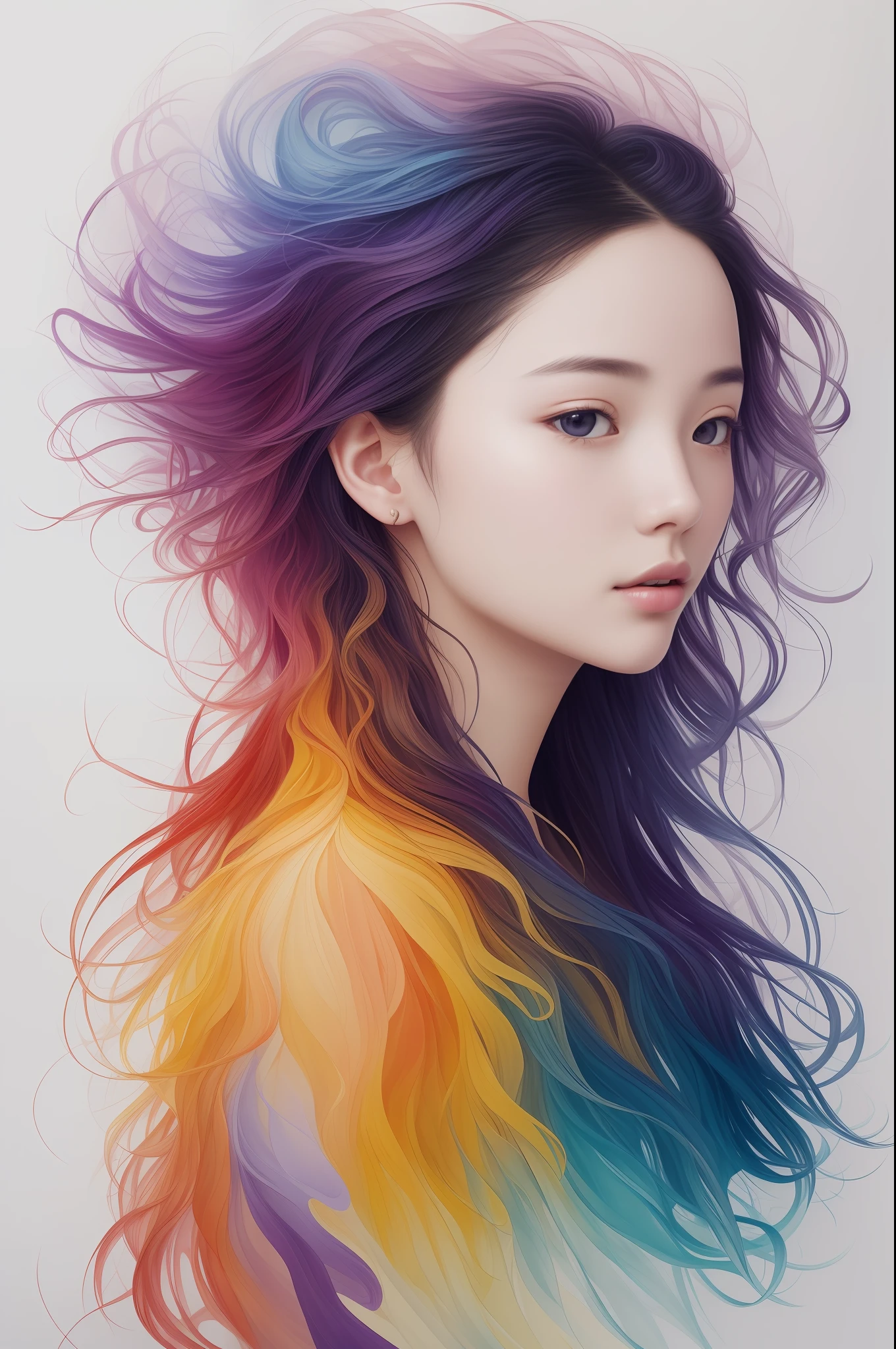 Colorful beautiful girl: an 18 year old Chinese girl, messy hair, oil painting, perfect face, soft skin perfect face, blue-yellow, light purple and violet added, light red addition, intricate details, splash screen, 8k resolution, masterpiece, cute face, artstation digital painting smooth very black ink flow: 8k resolution realistic masterpiece: intricate fluid gouache: by Jean Baptiste Mongue: Calligraphy: Acrylic: Watercolor Art, Professional Photography, Natural Daylighting, Volumetric Lighting Minimalist Photography Illustration: by Marton Bobzert: , Complex, elegant, expansive, dreamy, wavy hair, full of energy