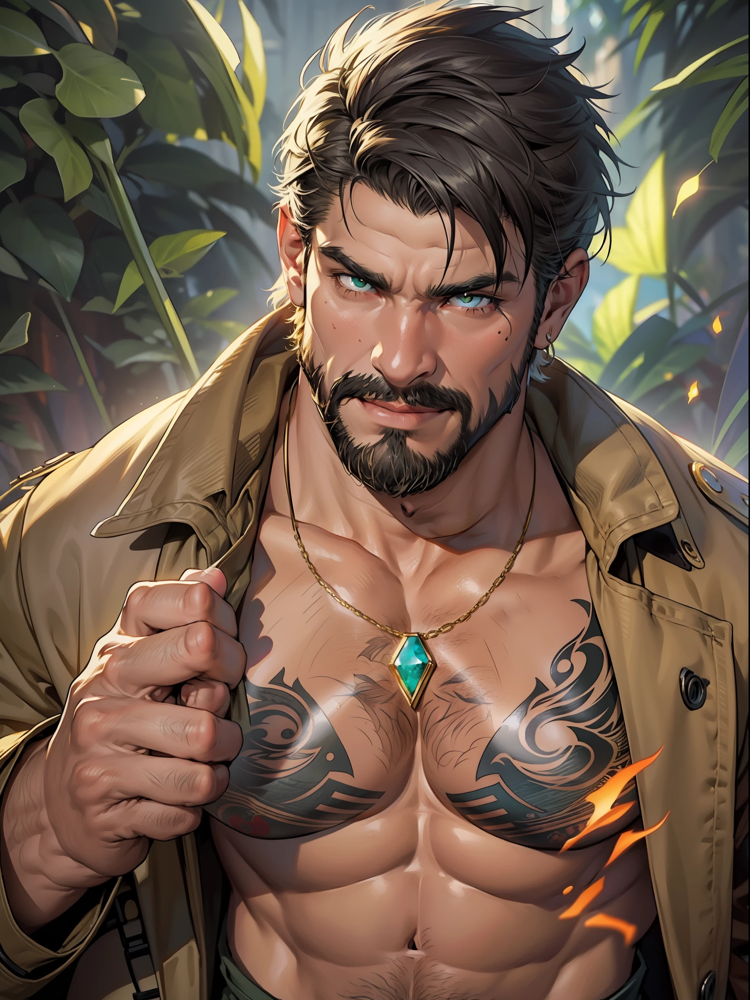 1 man, solo, old man, close up shot, a man snapping his fingers, white skin, shirtless, open chest, lots of (black chest tattoo), symmetrical tattoo, stubble facial hair, muscular, hunk, short cut hair, black hair, smirks, turn head pose, hadesstyle, green fire, mythical fire, fantasy world, best quality:1.2, masterpiece, high resolution:1.2, big light green  trench coat, gold necklace, high camera angle, shadow, volumetric lighting, flat style