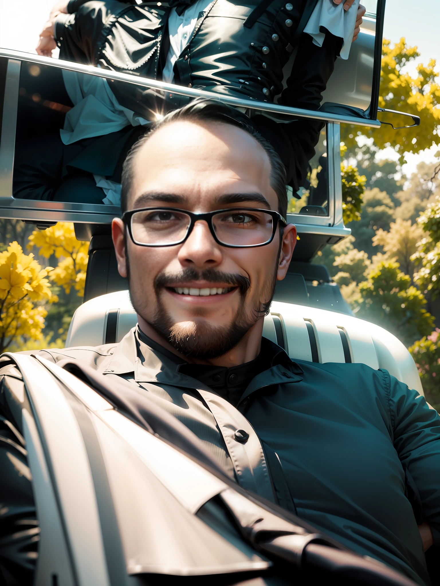 A Man smile wearing black dress  sitting on the car