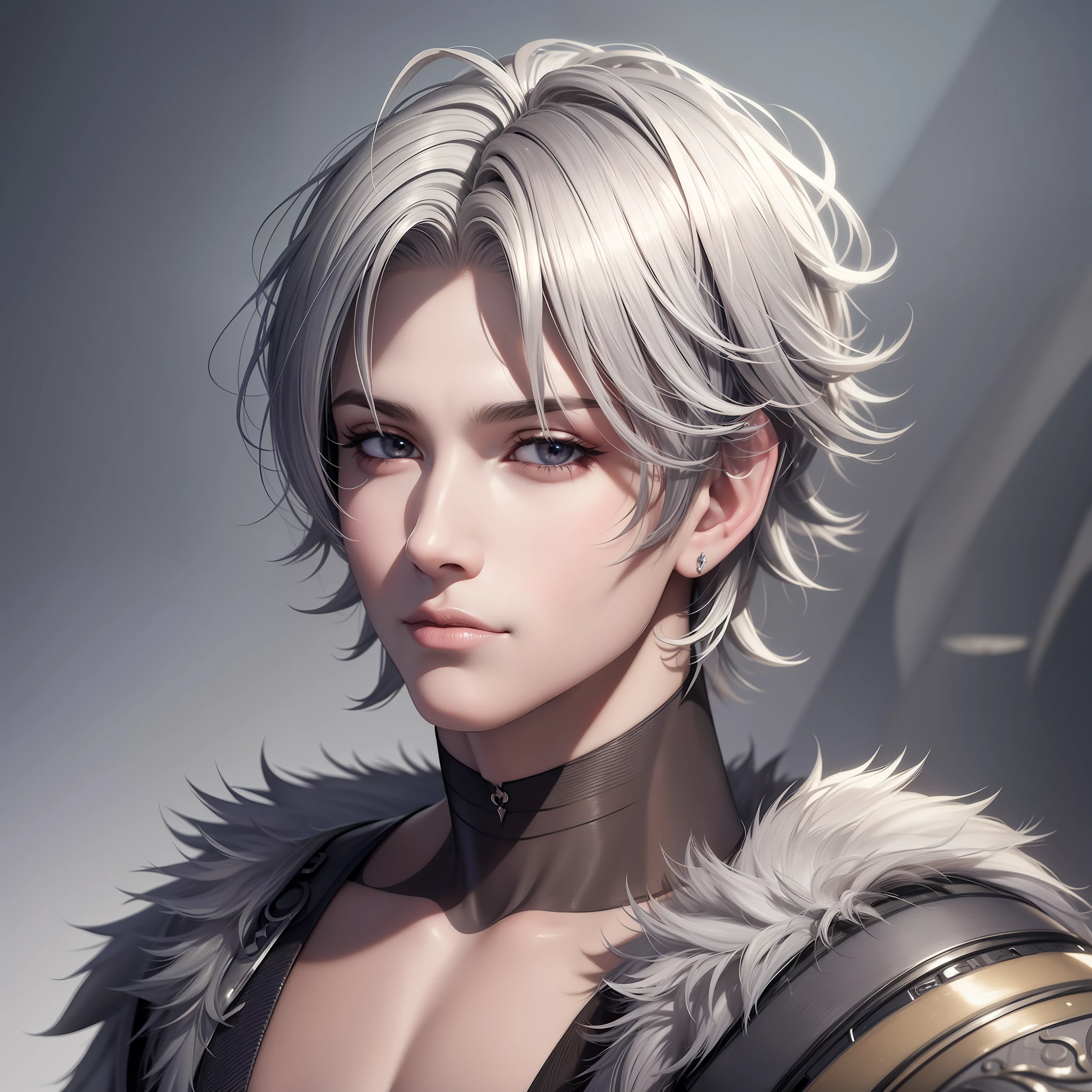 (Masterpiece) 8K resolution, wolf man beautiful boy, silver short hair and ash gray eyes, hazel eyes, fantasy style,