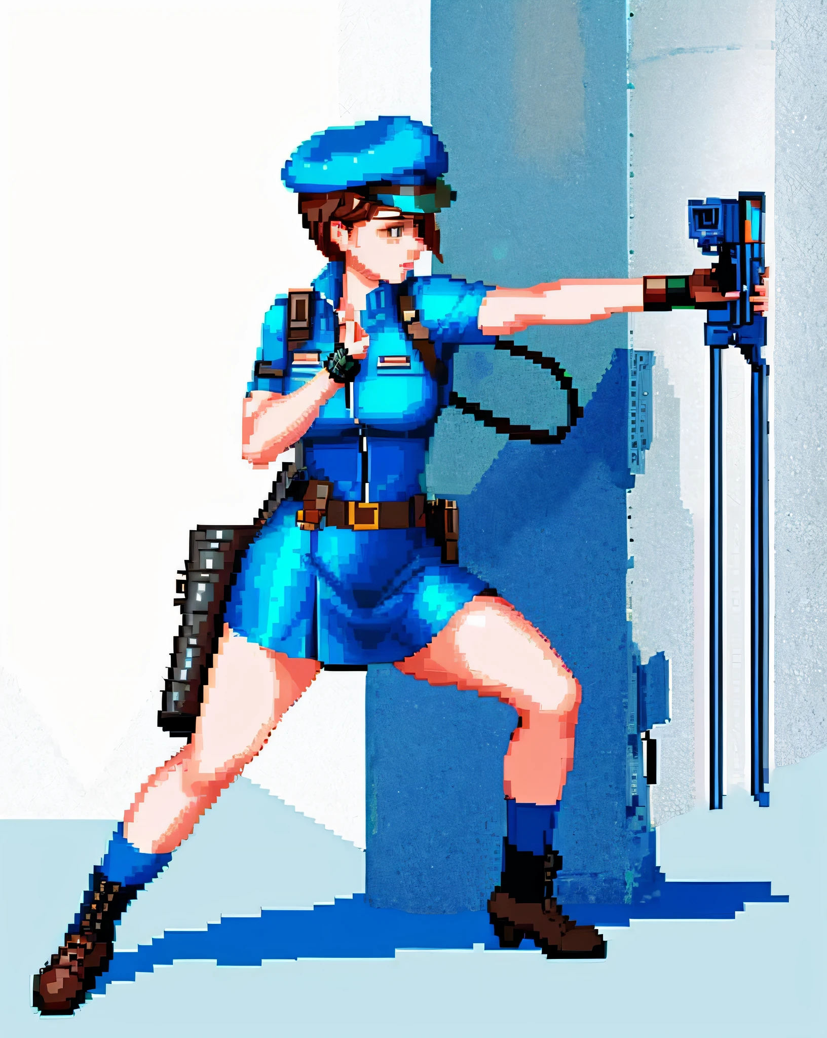 reference sheet of a character wearing the same clothes, Jill Valentine, short brown hair, soldier's beret, armor, pixel art, simple background