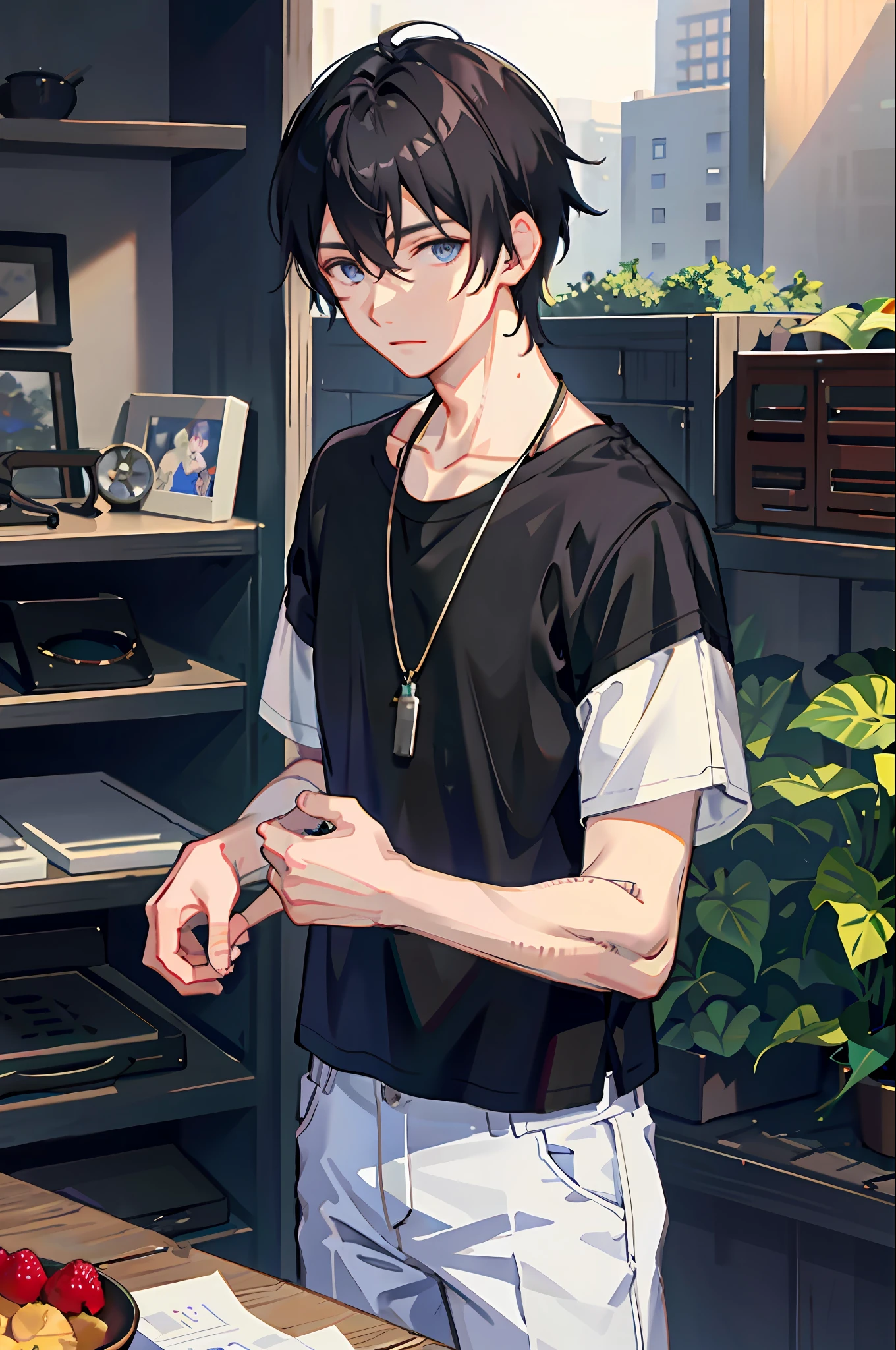 1boy, bangs, berry, black hair, black shirt, blue eyes, hair between eyes, jewelry, leaf, looking at viewer, male focus, necklace, pants, shirt, solo, watch, white pants, wristwatch, messy hair, trending on artstation, 8k resolution, highly detailed, anatomically correct, sharp image, digital painting, concept art, trending on pixiv, style of makoto shinkai, hands in pocket,