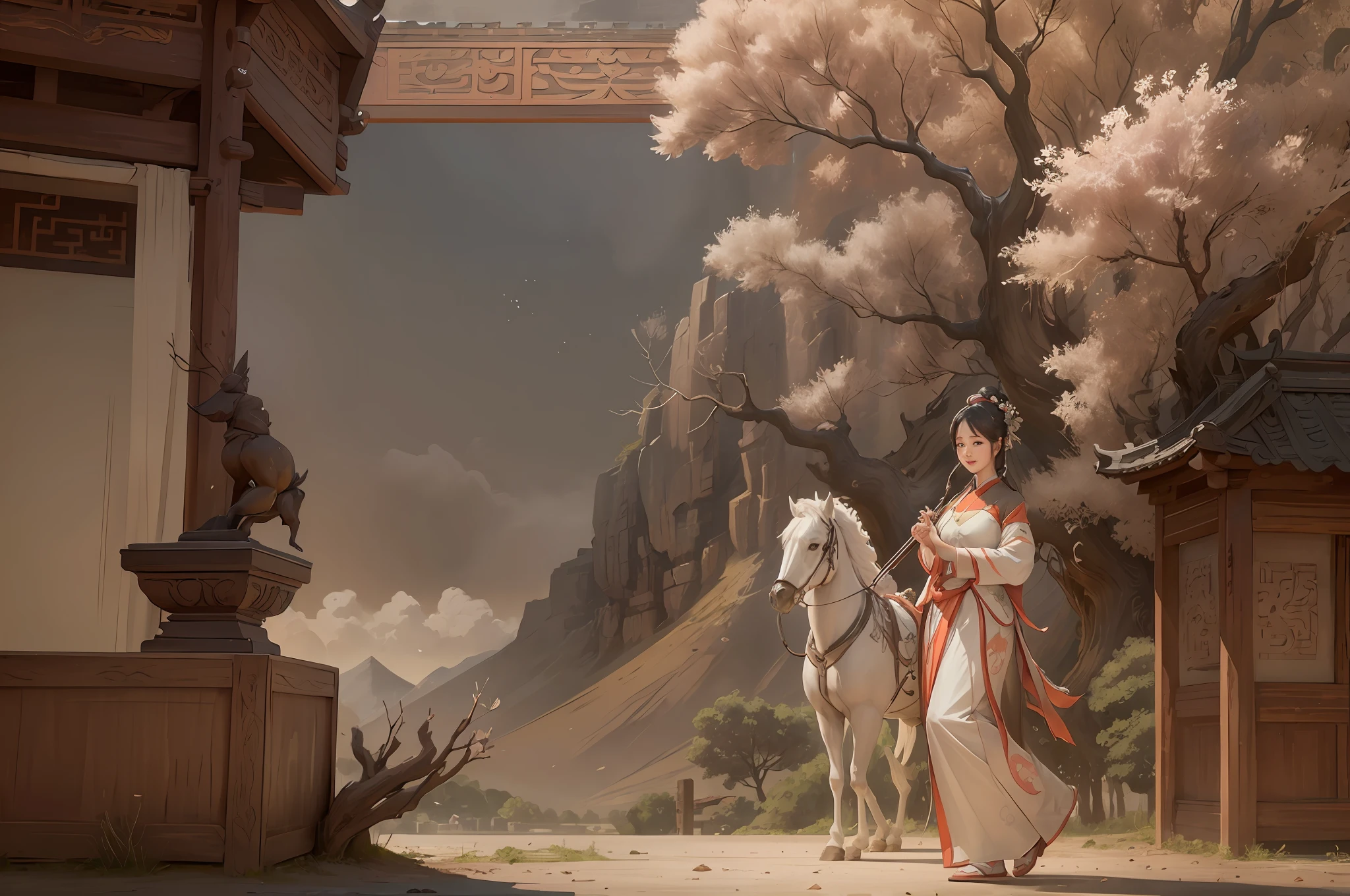 White Shuk Walking Horse, Negative Space, Sunglasses, Standing Female Statue, Willow Branch, (Masterpiece, Best Quality:1.2), Chinese Painting, Model Style, Peace, (smile), Looking at the audience, Wearing long Hanfu, Hanfu, song, willow tree in background, Wuchang Shuo, on the top of the mountain,