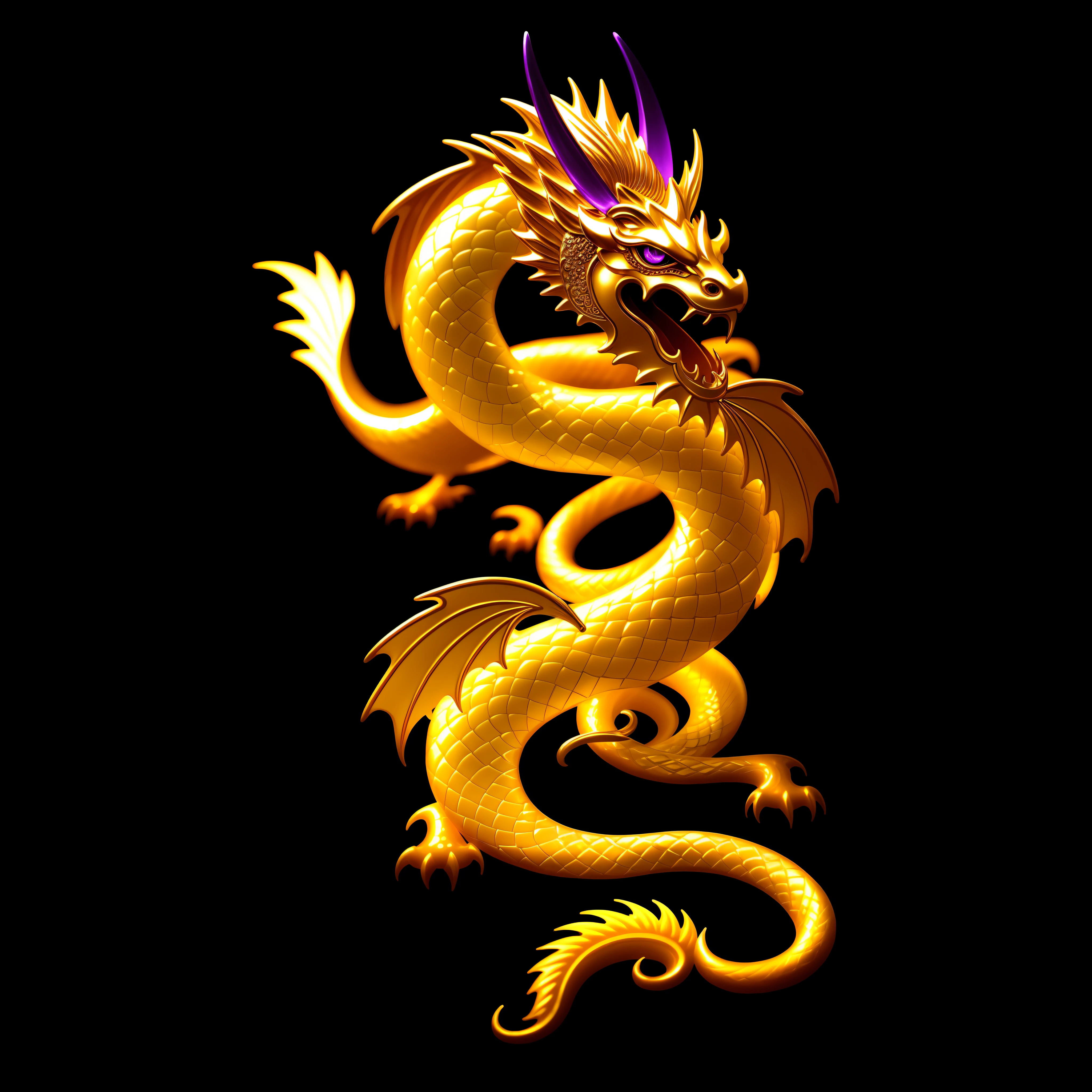 Transparent background, the golden dragon looks amazing, the scales are smooth and hidden purple cash, and the eyes are shining with wisdom. The mysterious atmosphere surrounds the dragon body, and the mellow oriental aesthetic, gorgeousness and majesty are intertwined. 32K HD wallpaper, best quality, UHD phosphorus tablets, close-up details. No wings, HD full body photos