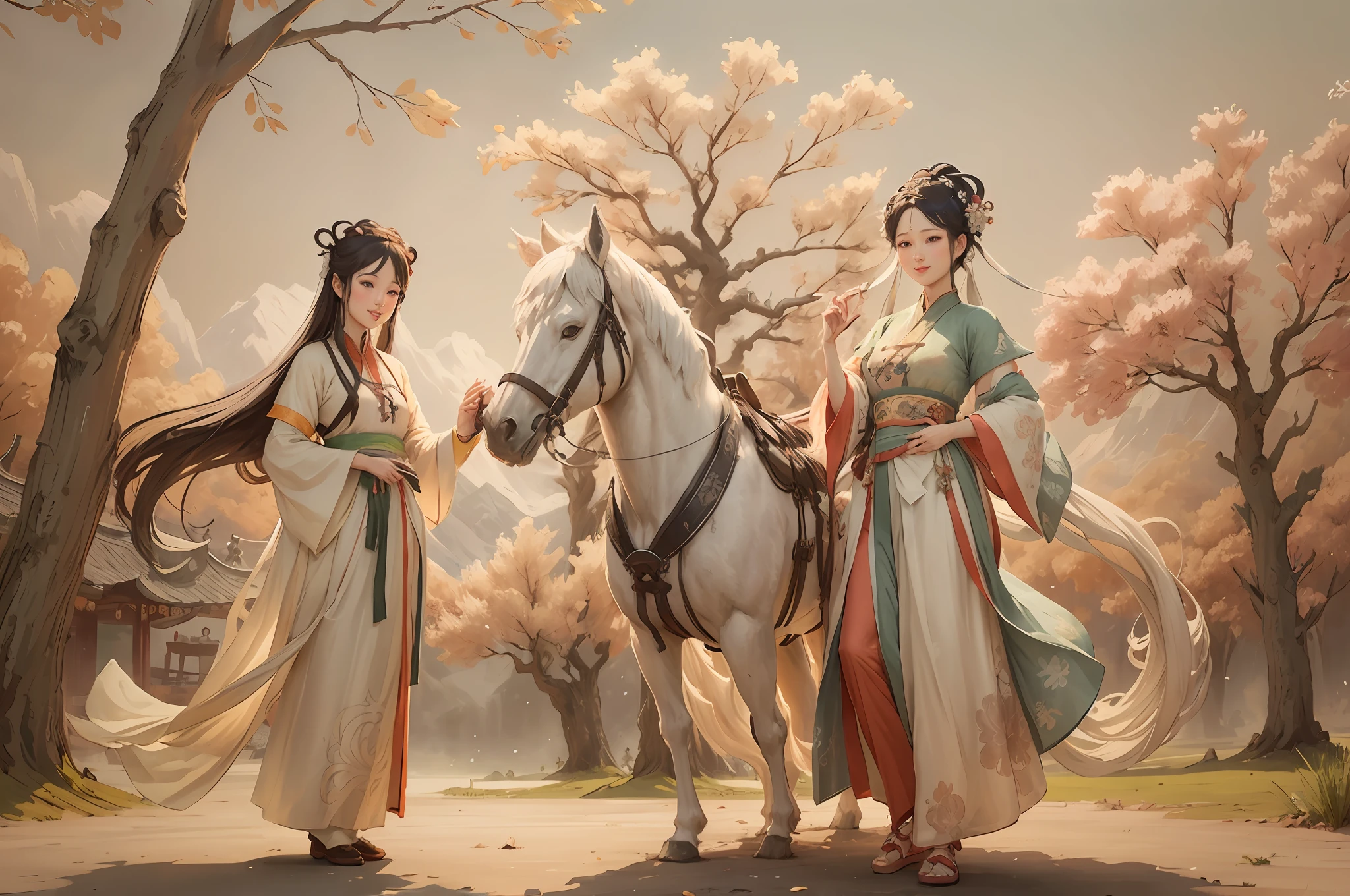 White Shuk Walking Horse, Negative Space, Sunglasses, Standing Female Statue, Willow Branch, (Masterpiece, Best Quality:1.2), Chinese Painting, Model Style, Peace, (smile), Looking at the audience, Wearing long Hanfu, Hanfu, song, willow tree in background, Wuchang Shuo, on the top of the mountain,