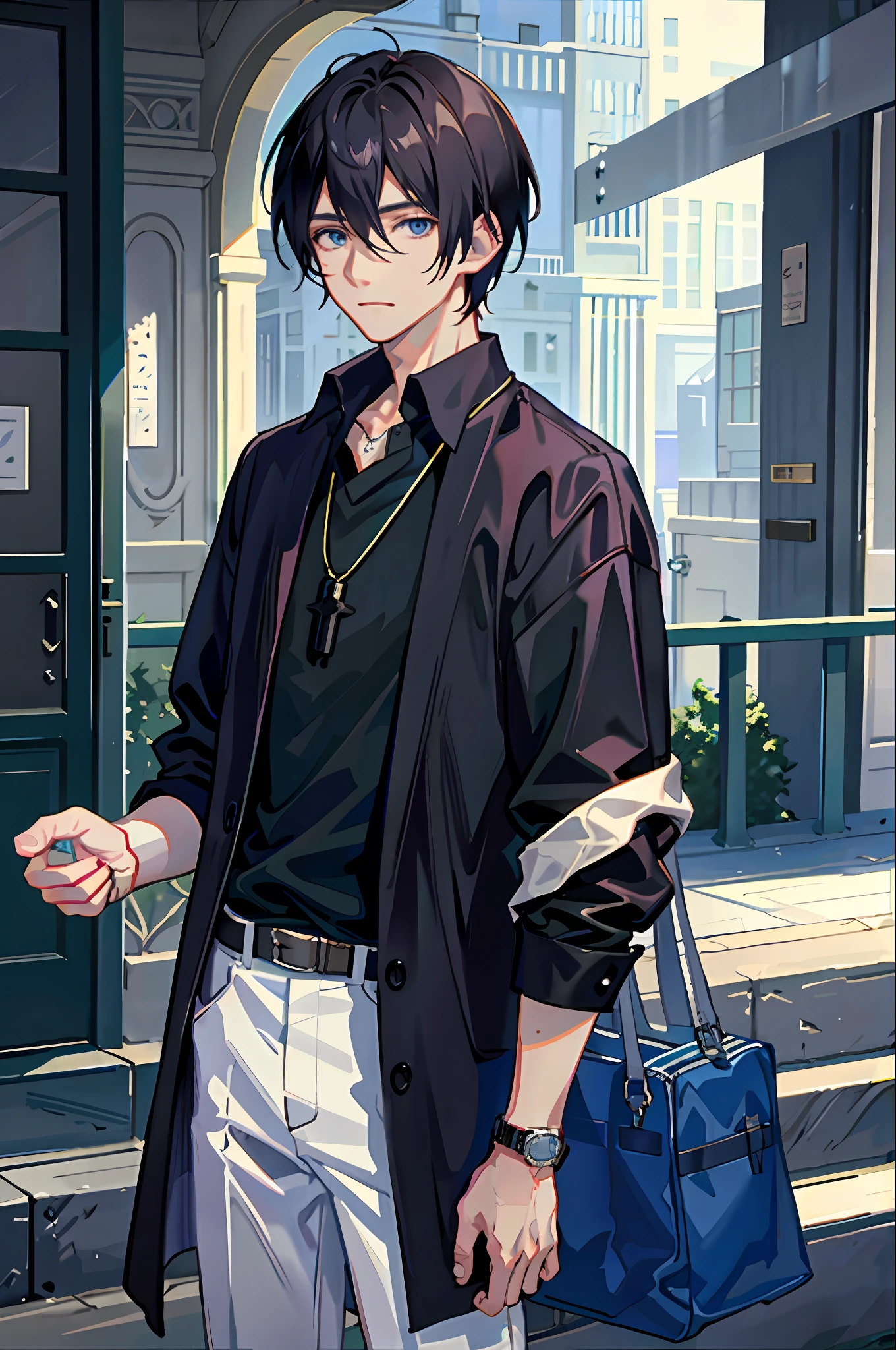 1boy, apple, bag, bangs, berry, black hair, black shirt, blue eyes, hair between eyes, jewelry, leaf, looking at viewer, male focus, necklace, pants, shirt, solo, watch, white pants, wristwatch, messy hair, trending on artstation, 8k resolution, highly detailed, anatomically correct, sharp image, digital painting, concept art, trending on pixiv, style of makoto shinkai,