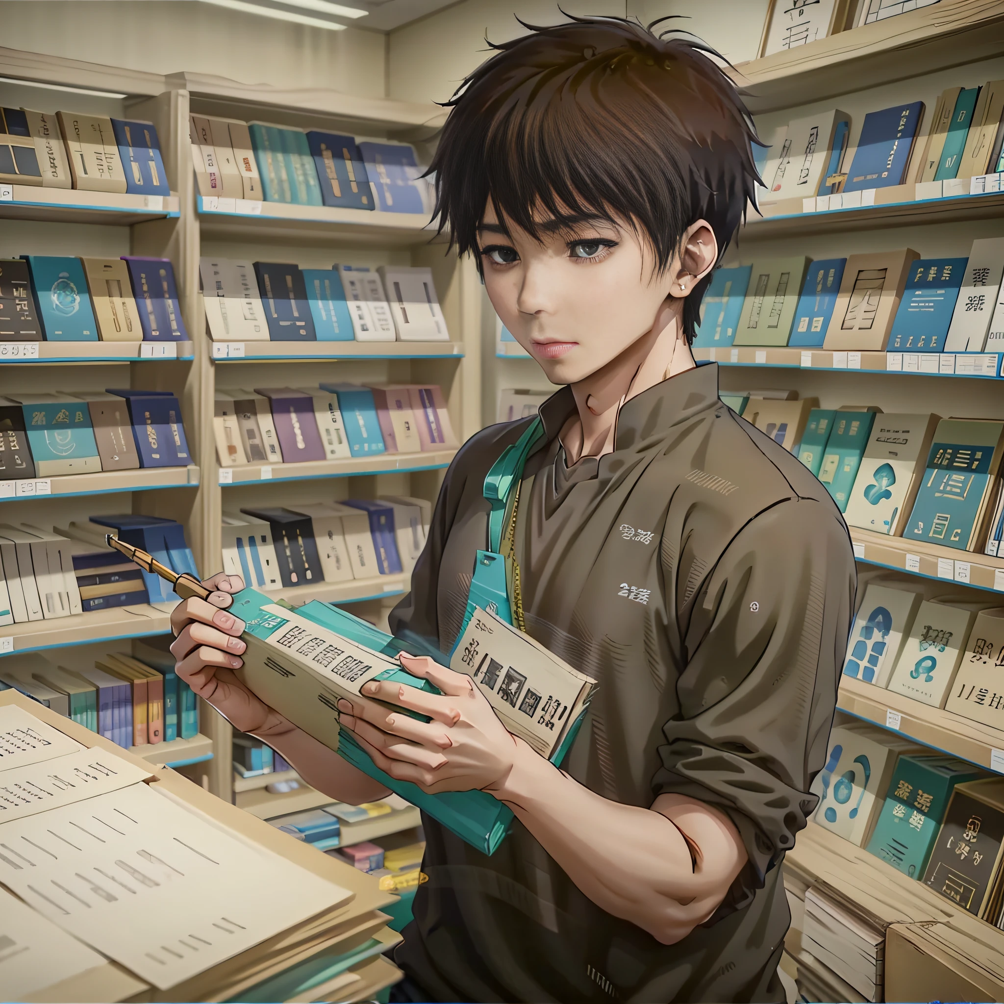 大师作品，最好画质，高细节，超高分辨率，8k分辨率，A dark-haired boy in a black T-shirt was in the bookstore with a piece of paper in his hand
