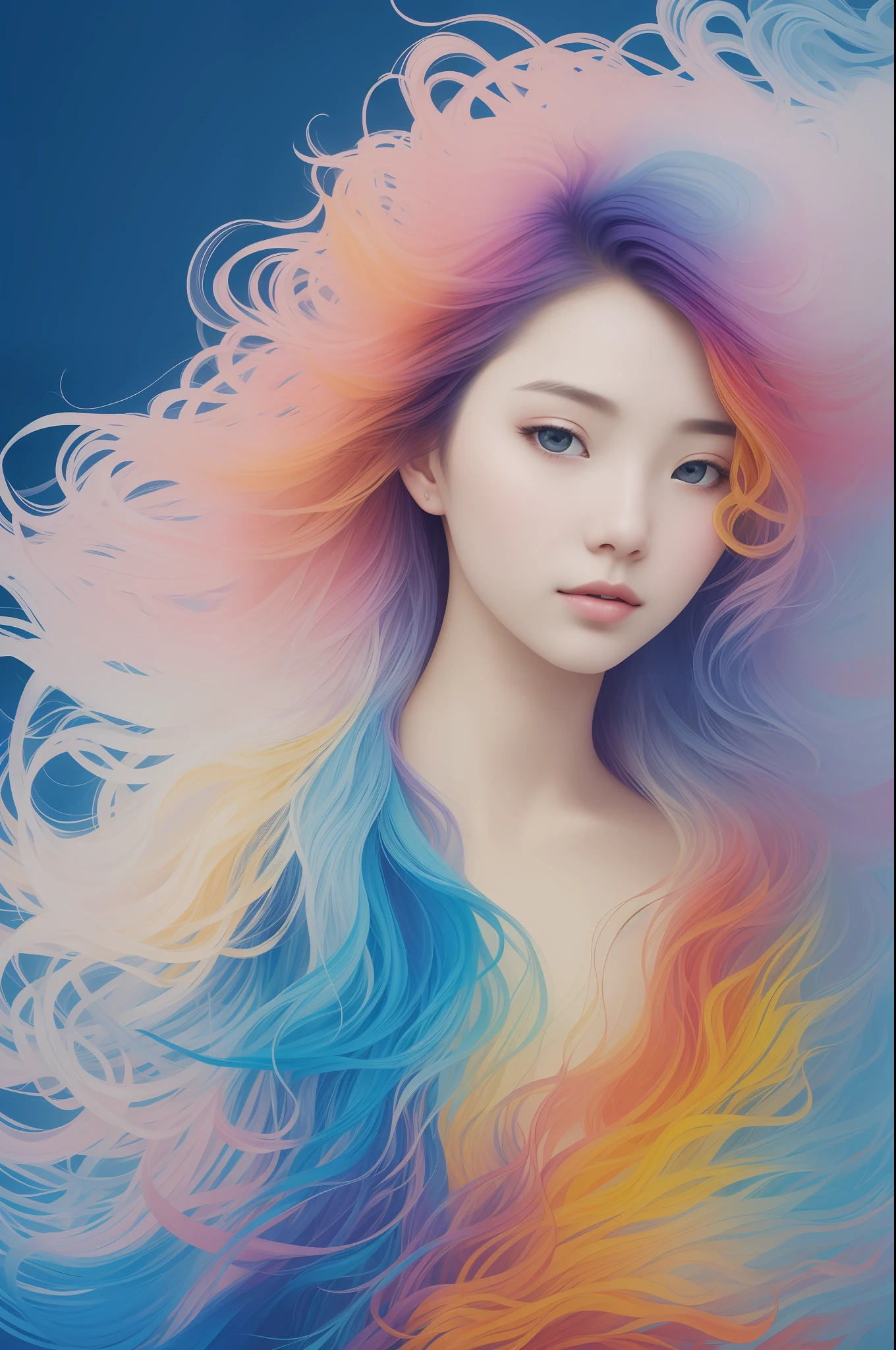 Colorful beautiful girl: an 18 year old Chinese girl, messy hair, oil painting, perfect face, soft skin perfect face, blue-yellow, light purple and violet added, light red addition, intricate details, splash screen, 8k resolution, masterpiece, cute face, artstation digital painting smooth very black ink flow: 8k resolution realistic masterpiece: intricate fluid gouache: by Jean Baptiste Mongue: Calligraphy: Acrylic: Watercolor Art, Professional Photography, Natural Daylighting, Volumetric Lighting Minimalist Photography Illustration: by Marton Bobzert: , Complex, elegant, expansive, dreamy, wavy hair, full of energy