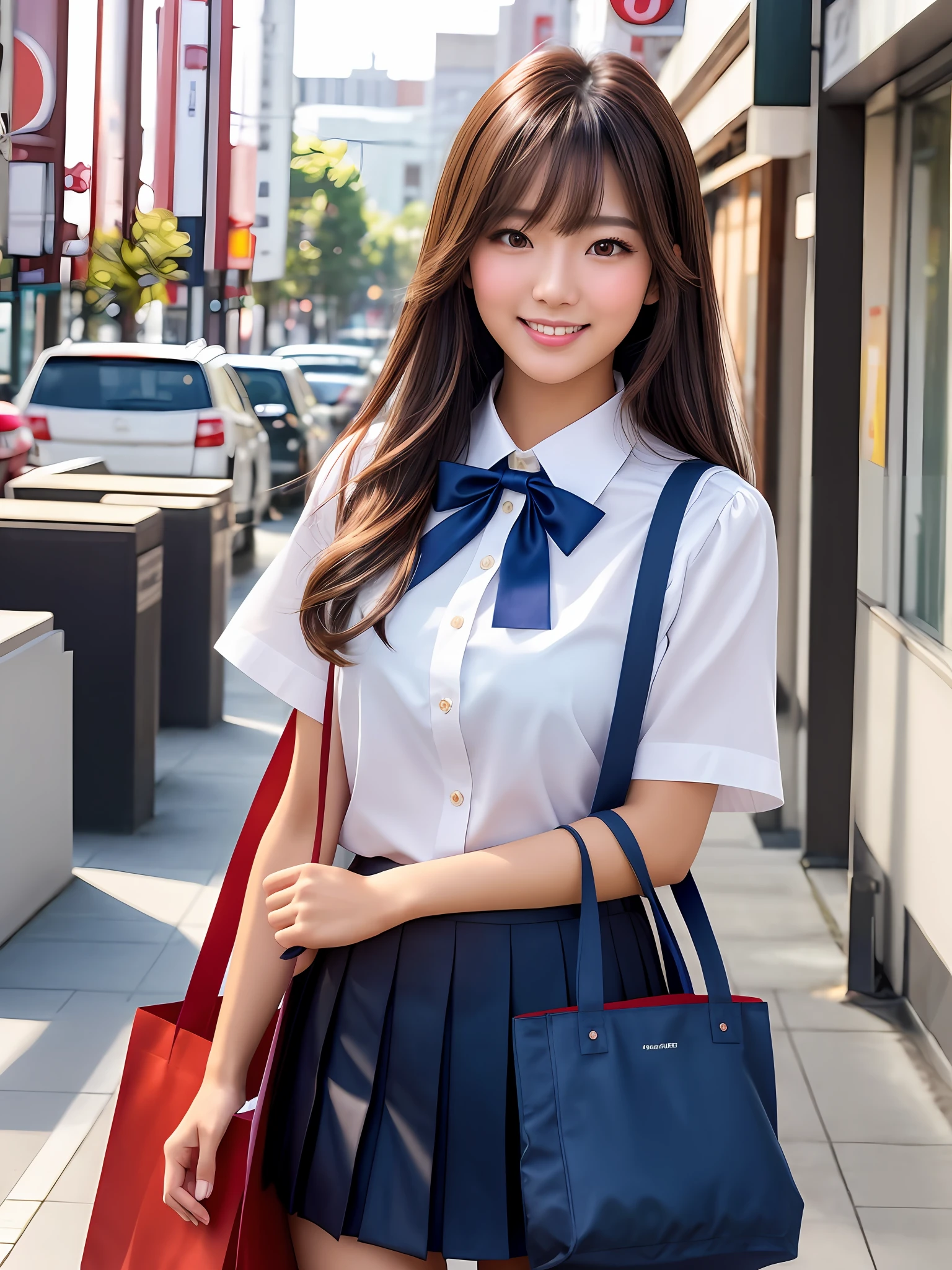 masterpiece, upper body shot, front view, a Japanese young pretty woman, standing in the crowd on the main street with a big smile, carrying a big tote bag on her shoulder, glamorous figure, wearing a short sleeves white collared silky shirt with shiny red satin plain bow tie, wearing a long length dark blue pleated skirt, hyper cute face, glossy lips, double eyelids in both eyes, Natural makeup, long eyelashes, shiny smooth light brown hair of medium length, asymmetrical bangs, tanned skin, in the classroom, head frame, central image, 8K resolution, high detail, detailed hairstyle, Detailed Face, spectacular cinematic lighting, octane rendering, vibrant, hyper realistic, perfect limbs, perfect anatomy