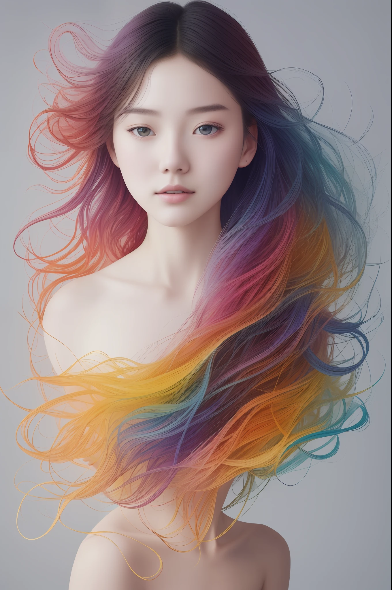 Colorful beautiful girl: an 18 year old Chinese girl, messy hair, oil painting, perfect face, soft skin perfect face, blue-yellow, light purple and violet added, light red addition, intricate details, splash screen, 8k resolution, masterpiece, cute face, artstation digital painting smooth very black ink flow: 8k resolution realistic masterpiece: intricate fluid gouache: by Jean Baptiste Mongue: Calligraphy: Acrylic: Watercolor Art, Professional Photography, Natural Daylighting, Volumetric Lighting Minimalist Photography Illustration: by Marton Bobzert: , Complex, elegant, expansive, dreamy, wavy hair, full of energy