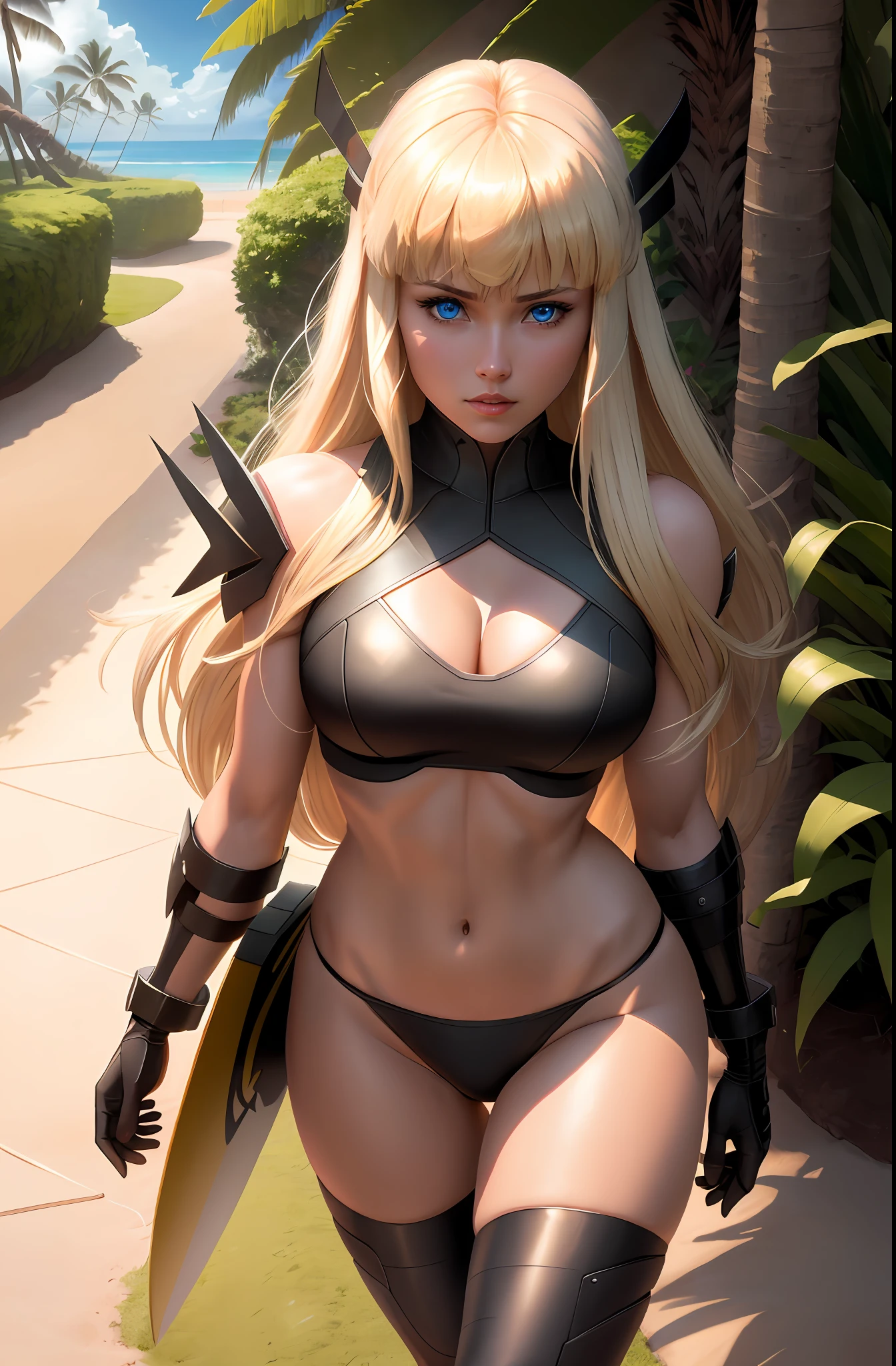 Magik (from x-men, perfect blue eyes, long blonde hair with bangs, medium breasts, strong toned body:1,4) in Hawaii (wearing coconut bra:1,5), (wearing grass panties:1,5), masterpiece:1,2, best quality:1,2, ultra-detailed:1,2, CG illustration, high resolution:1,2, better lighting, better shadow, extremely delicate and beautiful, appropriate shading, HD, 8k, ray tracing