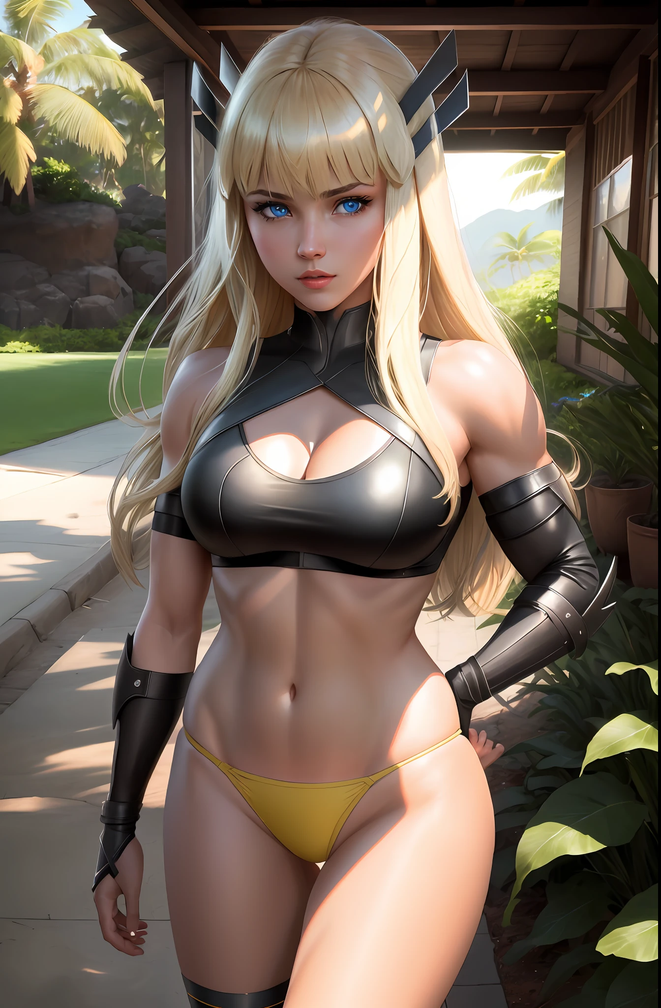 Magik (from x-men, perfect blue eyes, long blonde hair with bangs, medium breasts, strong toned body:1,4) in Hawaii (wearing coconut bra:1,5), (wearing grass panties:1,5), masterpiece:1,2, best quality:1,2, ultra-detailed:1,2, CG illustration, high resolution:1,2, better lighting, better shadow, extremely delicate and beautiful, appropriate shading, HD, 8k, ray tracing
