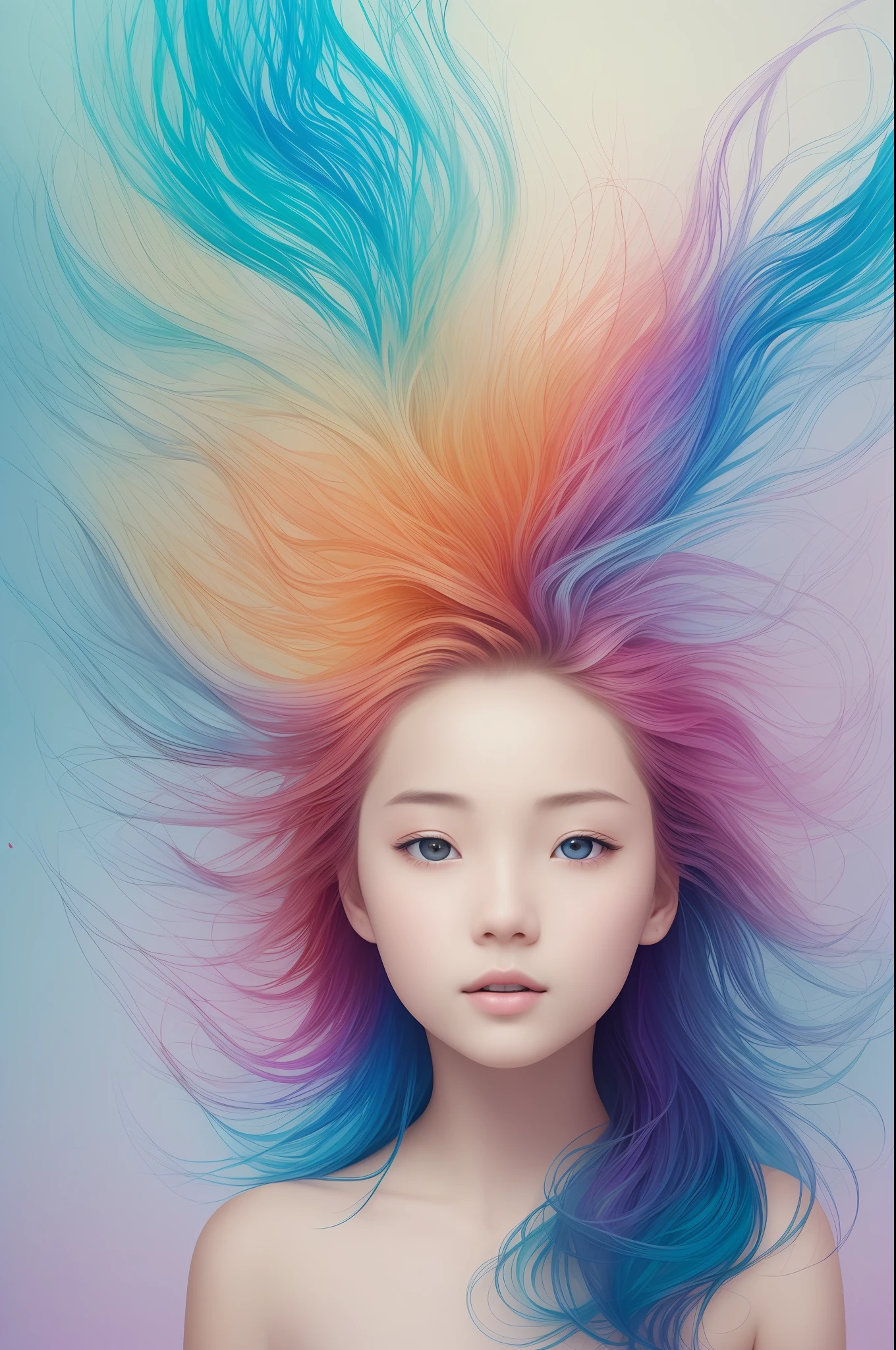 Colorful beautiful girl: an 8 year old Chinese girl, messy hair, oil painting, perfect face, soft skin perfect face, blue-yellow, light purple and violet added, light red addition, intricate details, splash screen, 8k resolution, masterpiece, cute face, artstation digital painting smooth very black ink flow: 8k resolution realistic masterpiece: intricate fluid gouache: by Jean Baptiste Mongue: Calligraphy: Acrylic: Watercolor Art, Professional Photography, Natural Daylighting, Volumetric Lighting Minimalist Photography Illustration: by Marton Bobzert: , Complex, elegant, expansive, dreamy, wavy hair, full of energy