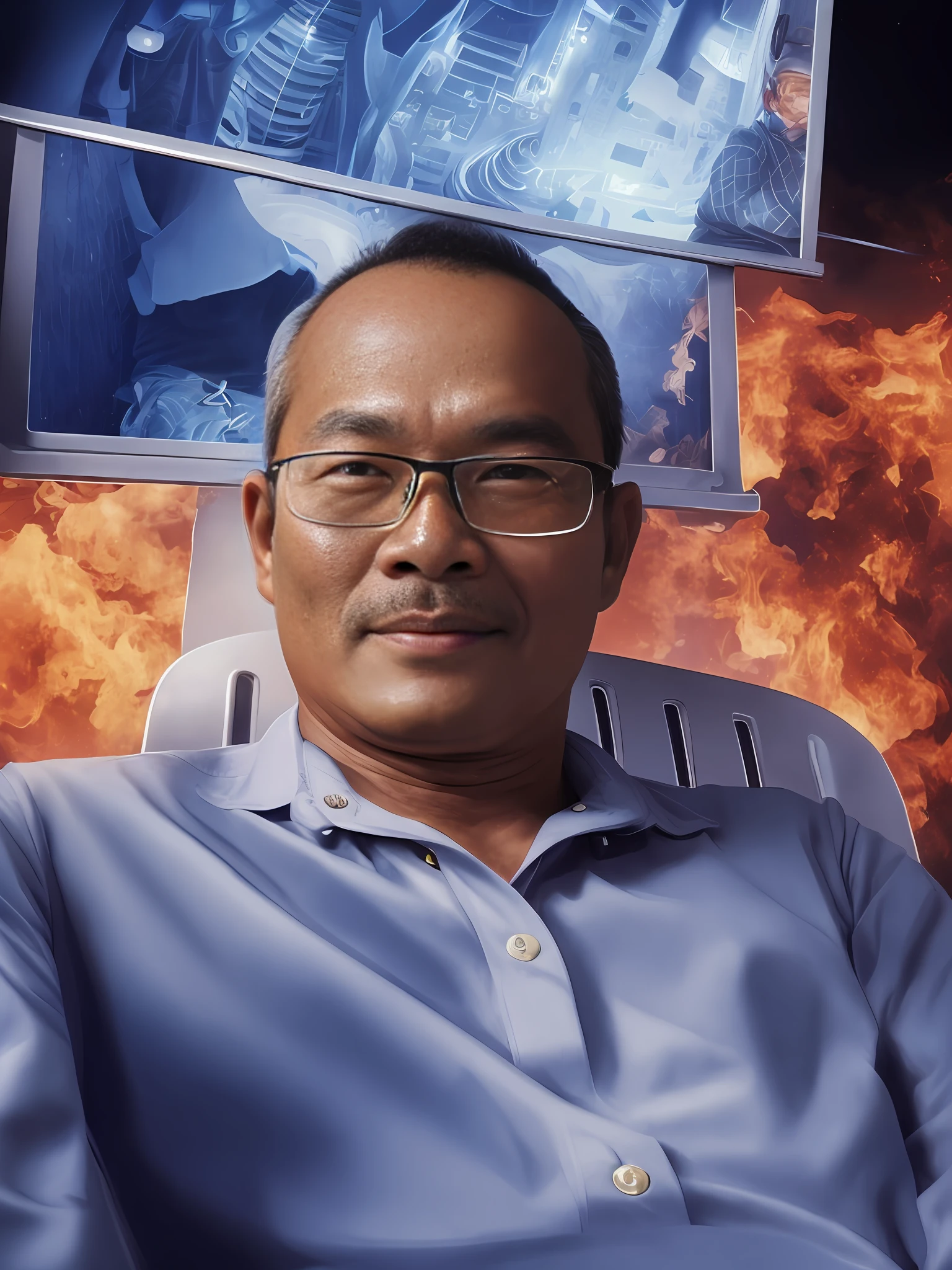 there is a man sitting in a chair with a cell phone, 4 0 years old man, dzung phung dinh, 5 0 years old man, hoang long ly, phong yintion j - jiang geping, nivanh chanthara, bao pham, ramil sunga, nuttavut baiphowongse