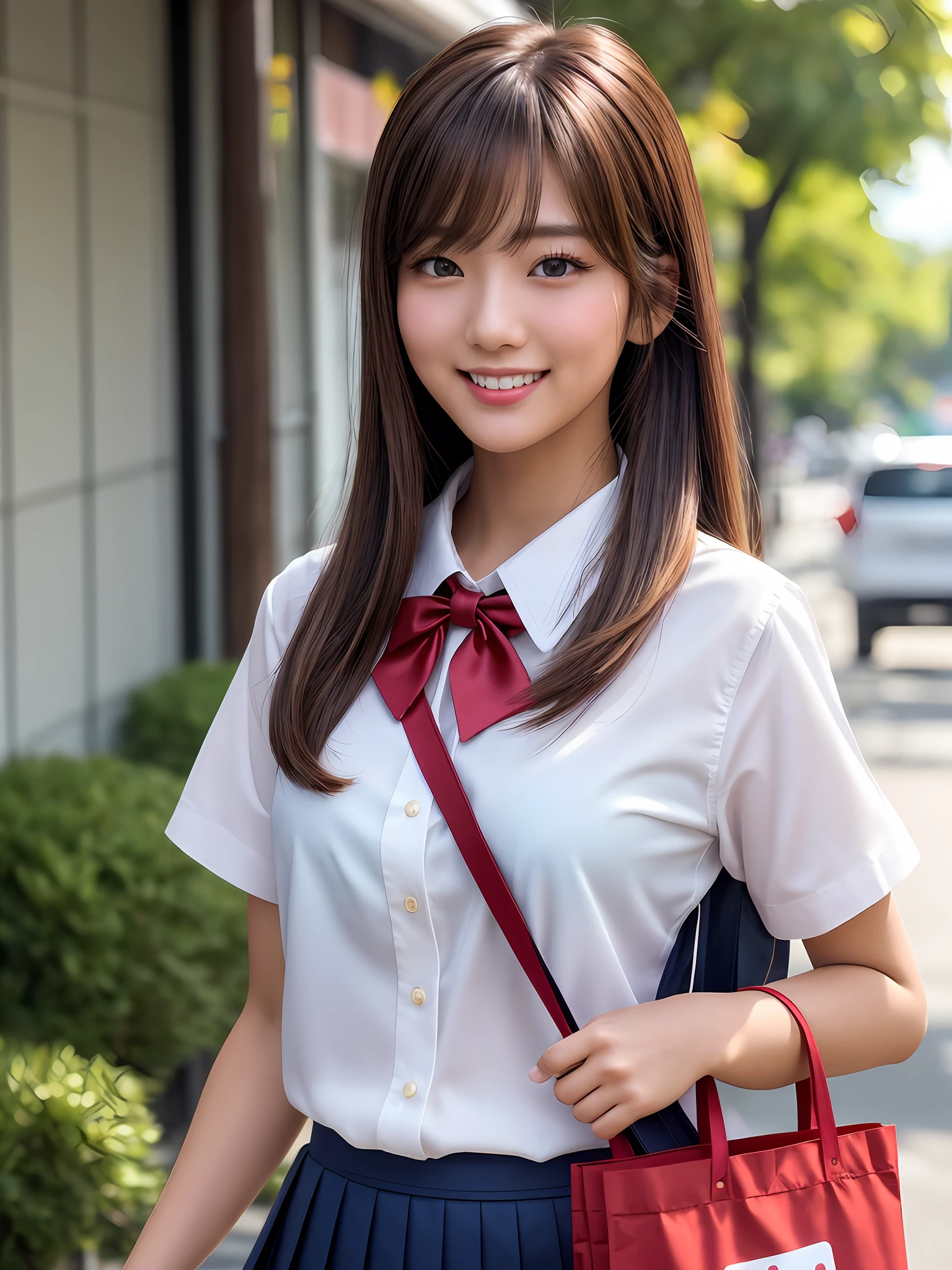 masterpiece, upper body shot, front view, a Japanese young pretty woman, standing in the crowd on the main street with a big smile, carrying a big tote bag on her shoulder, glamorous figure, wearing a short sleeves white collared silky shirt with shiny red satin plain bow tie, wearing a long length dark blue pleated skirt, hyper cute face, glossy lips, double eyelids in both eyes, Natural makeup, long eyelashes, shiny smooth light brown hair of medium length, asymmetrical bangs, tanned skin, in the classroom, head frame, central image, 8K resolution, high detail, detailed hairstyle, Detailed Face, spectacular cinematic lighting, octane rendering, vibrant, hyper realistic, perfect limbs, perfect ???????