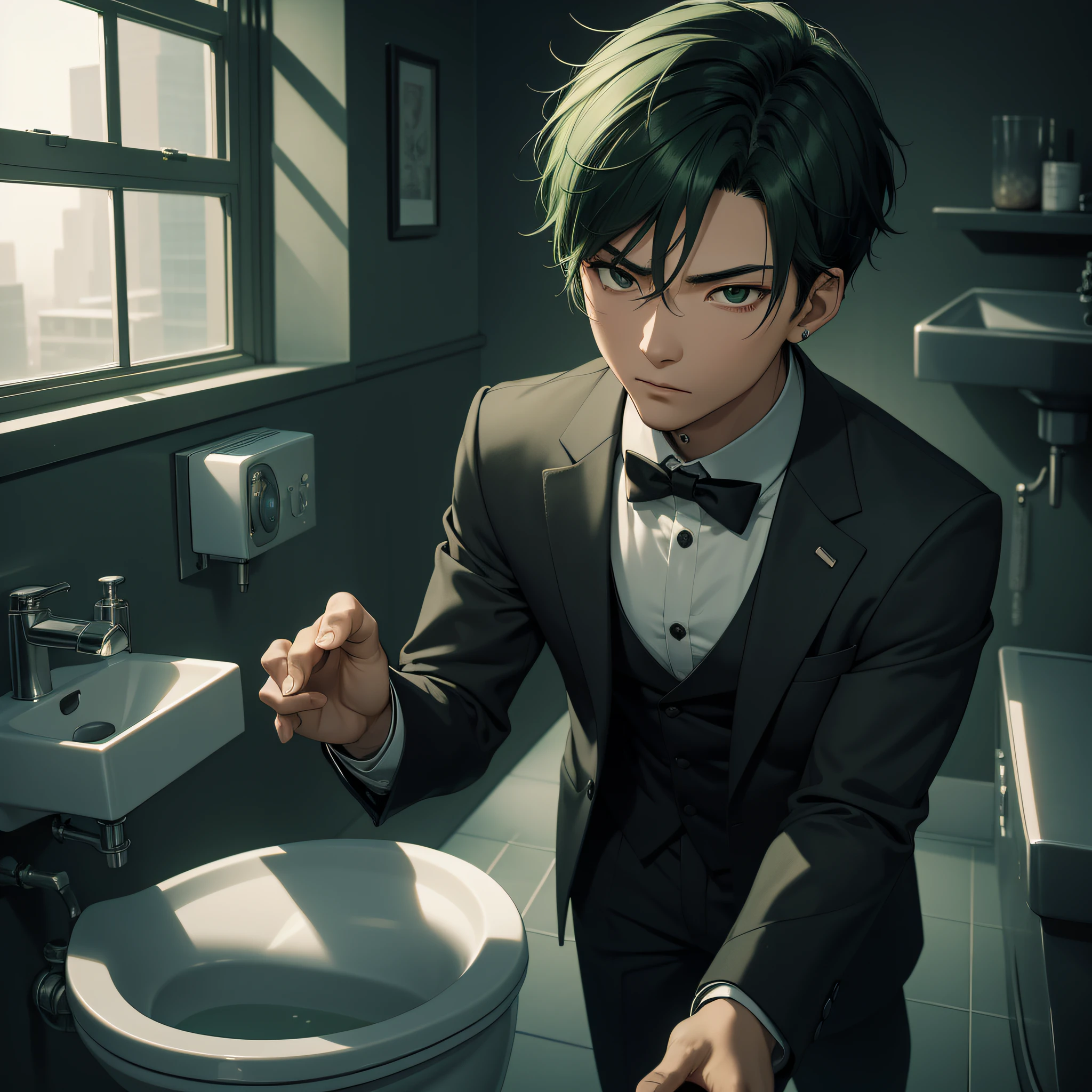Absurd resolution, high resolution, (masterpiece: 1.4), hyperdetail, Asian, young man with short green hair, black suit, very black weird toilet, serious scared expression