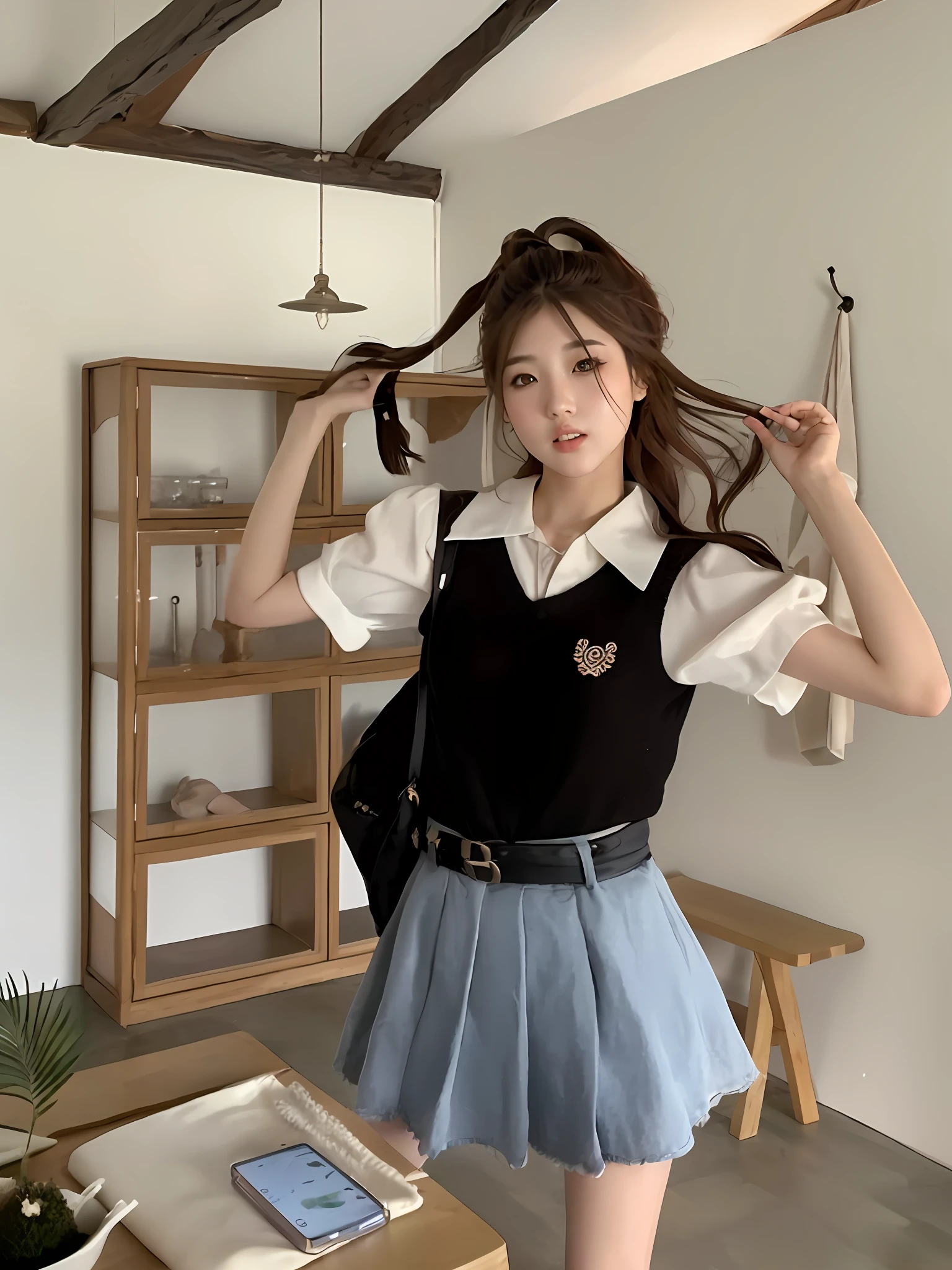 1girl walking on the river, mix4, sweater, pillow, lips, open_mouth, realistic, photo_\(medium\), solo, stuffed_animal, stuffed_toy, teddy_bear, (masterpiece), (realism: 1.3), super detailed, (High detail skin: 1.2), (Best quality: 1.0), (Ultra resolution: 1.0), (ULZZANG-6500: 0.3), wavy detail hair, long hair, sunshine, (beautiful detail makeup), (sexually aroused blush, heavy breath: 1.0), floral theme petals scattered, (soft light bloom: 0.5)