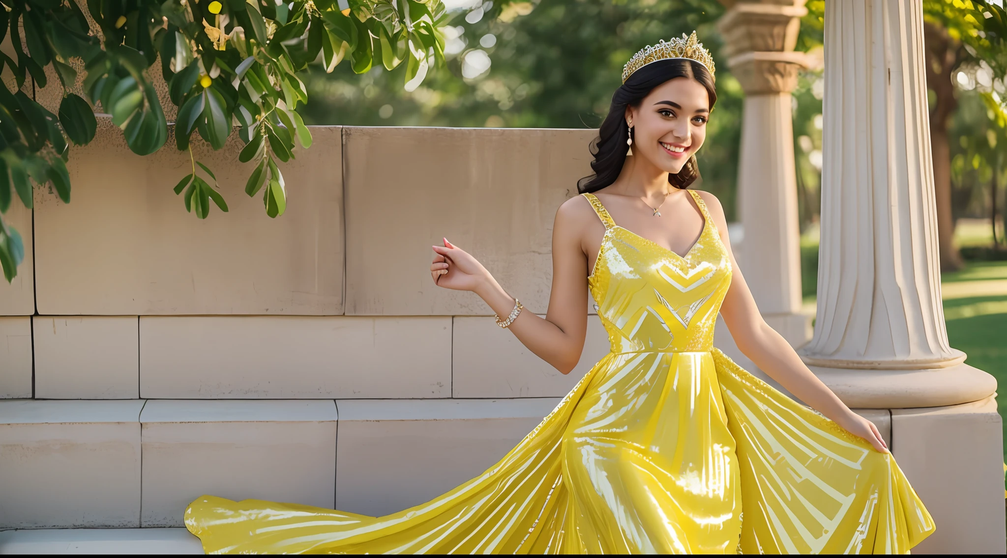 White American woman in yellow sequined dress with smiling emoji, solo appearance, sexy dress, crown, beautiful dress, elegant evening dress! , dress, wearing evening dress, close medium shot, long dress, beautiful dress, wearing yellow long dress, extravagant dress, blue long dress, full length view, royal dress, fantasy dress, yellow dress, amazing elegance