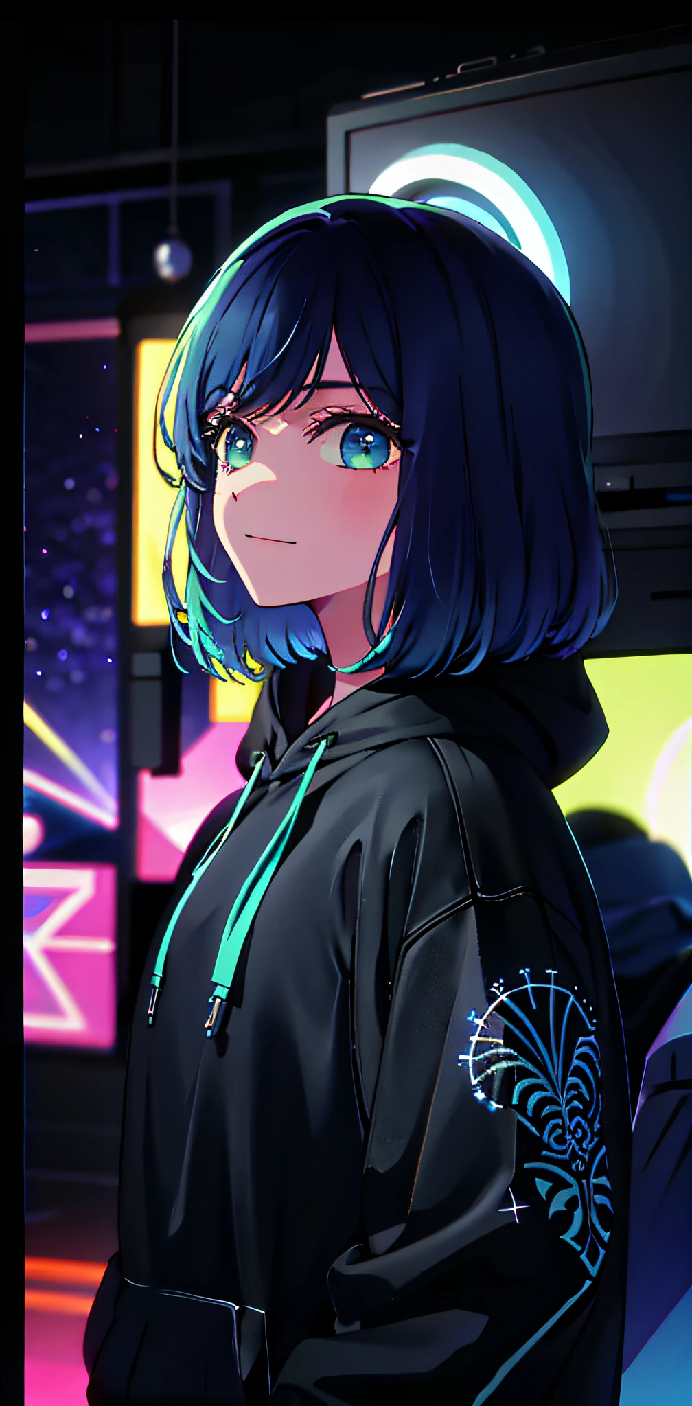 detailed background, masterpiece, best quality, smile, ornament, hoodie, portrait, blue neon, graffiti, dark, night, glowing eyes, blacklight