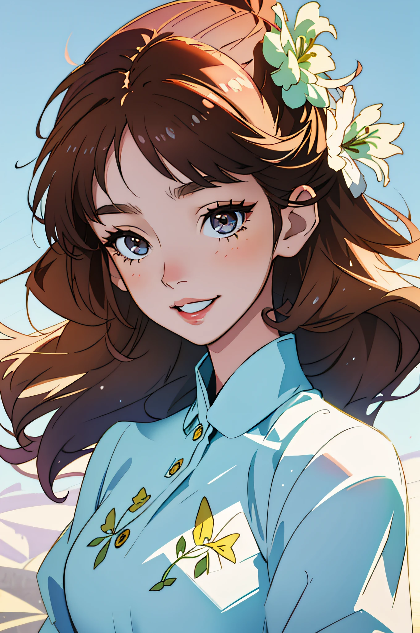 (best quality, masterpiece), very detailed, 8k, (color), (bright color), pastel color, soft light, artstation sample, soft edge, youthful spirit, illustration, floral pattern, movie light, (1girl), banana cap, cute, yellow, soft, yellow dress, white, smile, brown hair lavender background, detailed background, carefree, beautiful delicate eyes, beautiful face,,