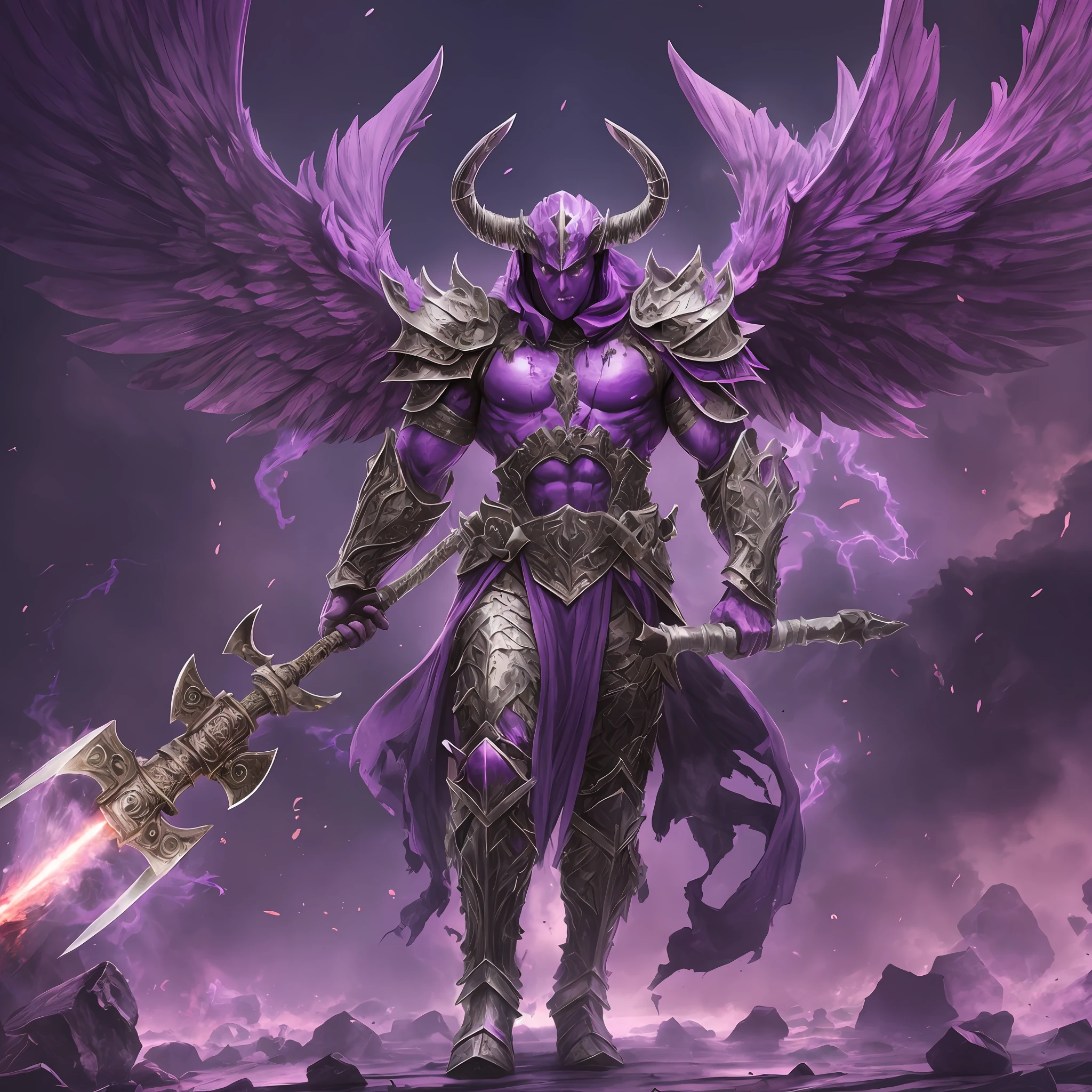 A 3-meter-high, body-covered purple warrior armor, four-armed demon holding a hammer, with destroyed wings and a scar on his chest