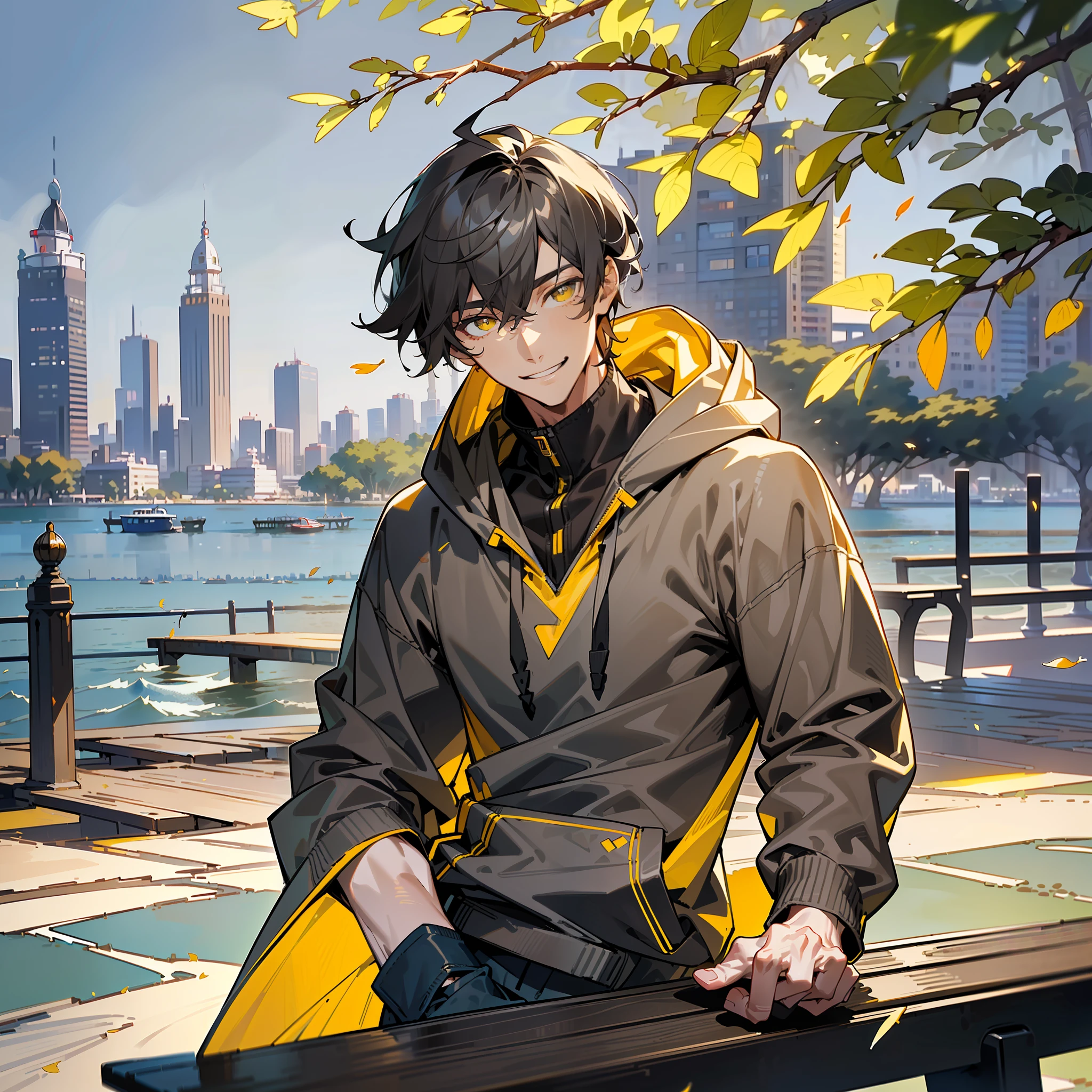 masterpiece, best quality, ultra realistic, photorealistic, high quality, human, mature handsome male, (((solo))), (male focus), ((mature)), ((black)) short hair, hair between eyes, slim, ((yellow pupils)), glowing pupils, detailed eyes, front view, (clothing, (topwear: ((dark-gray hoodie), bottomwear:(pants: dark gray)), sitting on bench, detailed clothing, coat collar, tall, smiling, (((city seaside))), trees, falling leaves, (detailed background), ((upper body))