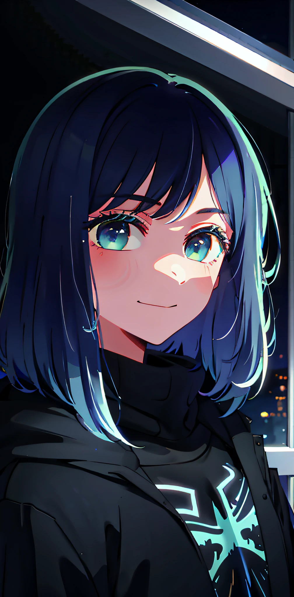 detailed background, masterpiece, best quality, smile, ornament, hoodie, portrait, blue neon, graffiti, dark, night, glowing eyes, blacklight