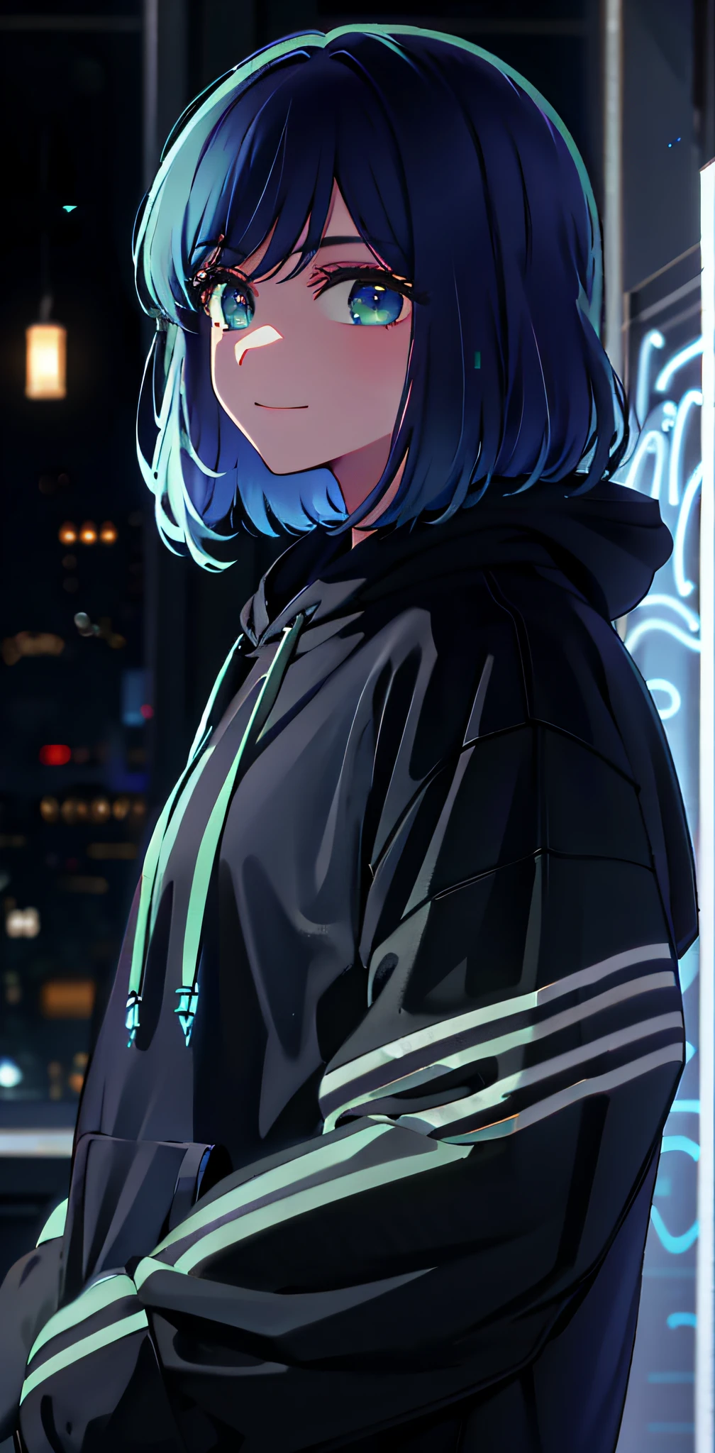 detailed background, masterpiece, best quality, smile, ornament, hoodie, portrait, blue neon, graffiti, dark, night, glowing eyes, blacklight