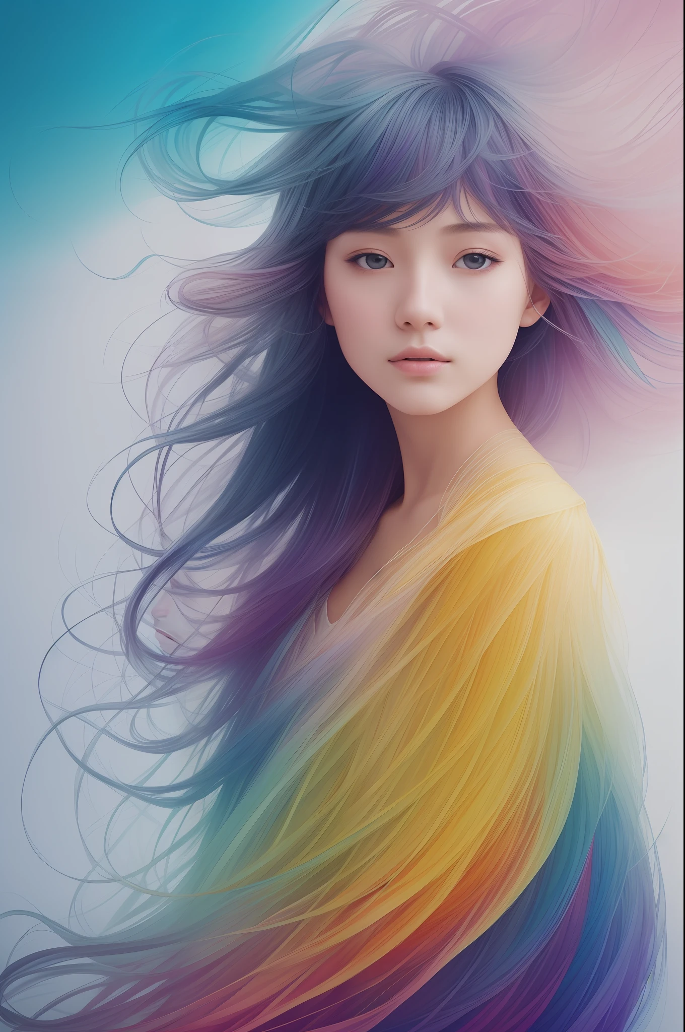 Colorful beautiful girl: an 18 year old Chinese girl, messy hair, oil painting, perfect face, soft skin perfect face, blue-yellow, light purple and violet added, light red addition, intricate details, splash screen, 8k resolution, masterpiece, cute face, artstation digital painting smooth very black ink flow: 8k resolution realistic masterpiece: intricate fluid gouache: by Jean Baptiste Mongue: Calligraphy: Acrylic: Watercolor Art, Professional Photography, Natural Daylighting, Volumetric Lighting Minimalist Photography Illustration: by Marton Bobzert: , Complex, elegant, expansive, dreamy, wavy hair, full of energy