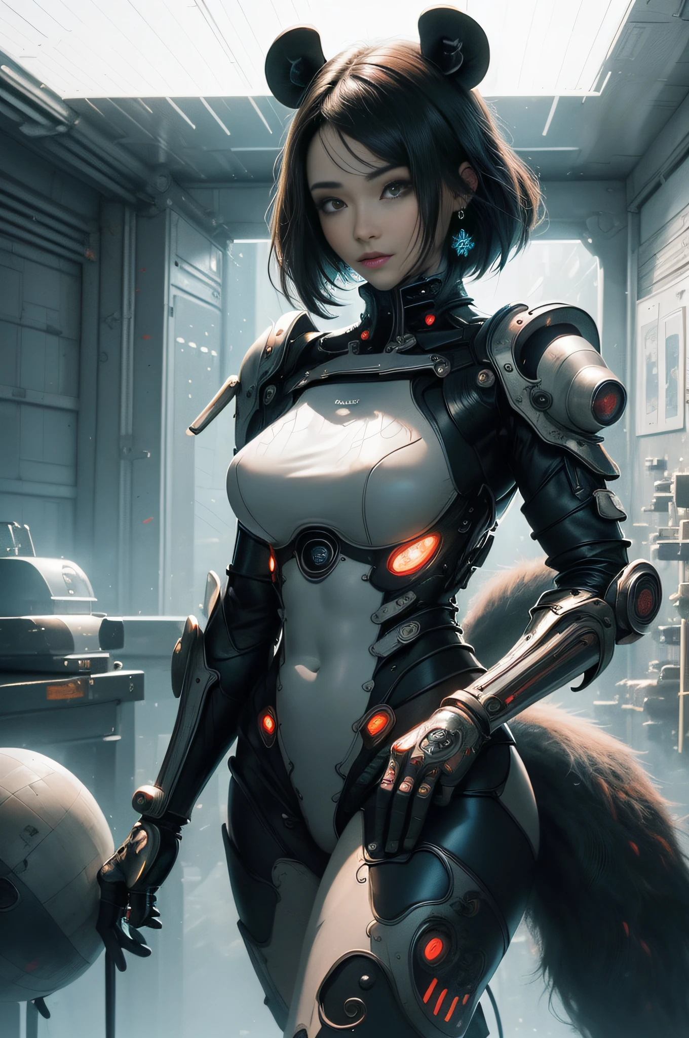 [Detailed illustrations, art based on extremely ideal anatomy, very detailed and detailed drawings, slow and delicate lines, realistic texture expression],((Color tressed main lines)),(Artwork with outstanding craftsmanship),(Briefing room background),[(HENTAI) ANIME Girl Chinese Beauty Cyborg 15 years old (short hair)] SKINNY ((功夫)) Machine legs (with V8 engine: 0.3),[Red tight dress] ((Panda: 0.6) (Translucent rubber inner)),((Silver coating:0.5)),(Science Fiction Mechanical Bioengineering),((Fine and beautiful skin expression (transparency))),((Clear gaze)),((Perfect eye details (Beautifully drawn eyes))),( Beautiful perfect face (realistic face details)),((Beautiful hair details)),(Perfectly proportioned proportions)),(Design built to a high level,((Advanced structural understanding of materials)),Ideal color coordination),((Artistic decoration)) ((Dense details)),((Detail,High definition)),[(Ultra-precision detail),(((Multilayer texture)), HighQuality,High Resolution],((Accurate simulation of light-material interaction, understanding of air flow, mechanically correct representation)),(((Visual art with a sense of narrative)).