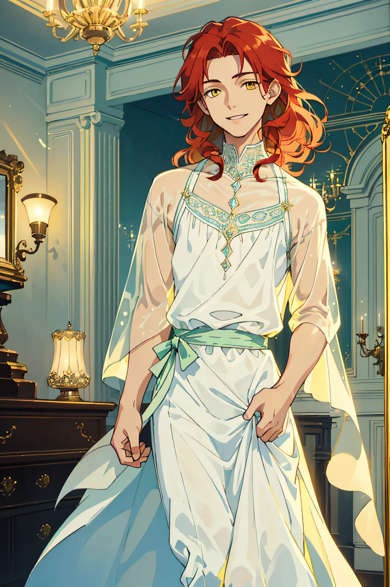 Masterpiece, best quality, 1 male, teenager, delicate eyes, intricate details, rich movements, exquisite skirt, modern, interior, bedroom, minimalist decoration, yellow lights, dusk, dim, soft lighting, silk nightdress, nudity, light clothing, long curly red hair, yellow eyes, smile, gentle smile, sky blue, light green