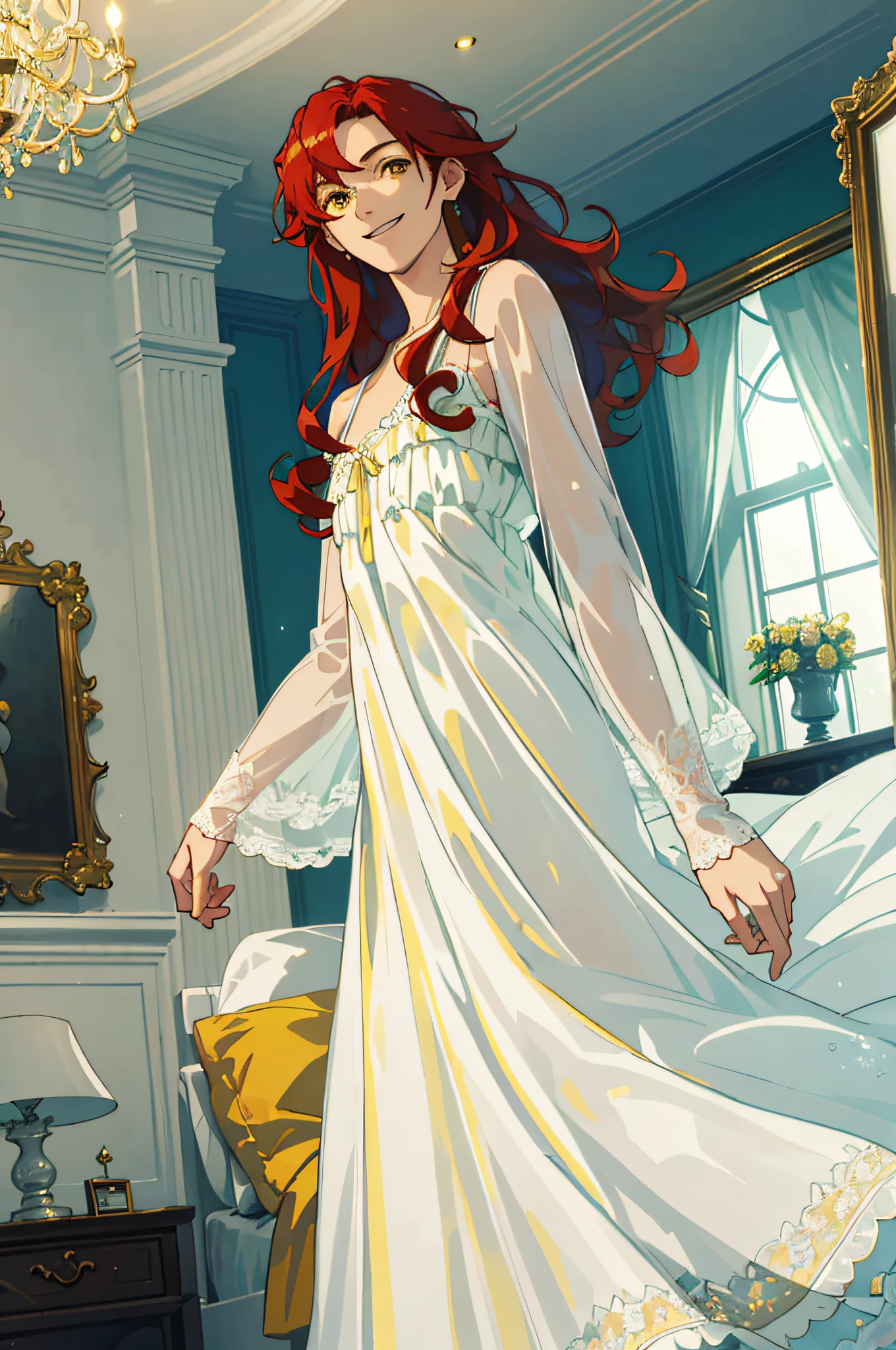 Masterpiece, best quality, 1 male, teenager, delicate eyes, intricate details, rich movements, exquisite skirt, modern, interior, bedroom, minimalist decoration, yellow lights, dusk, dim, soft lighting, silk nightdress, nudity, light clothing, long curly red hair, yellow eyes, smile, gentle smile, sky blue, light green