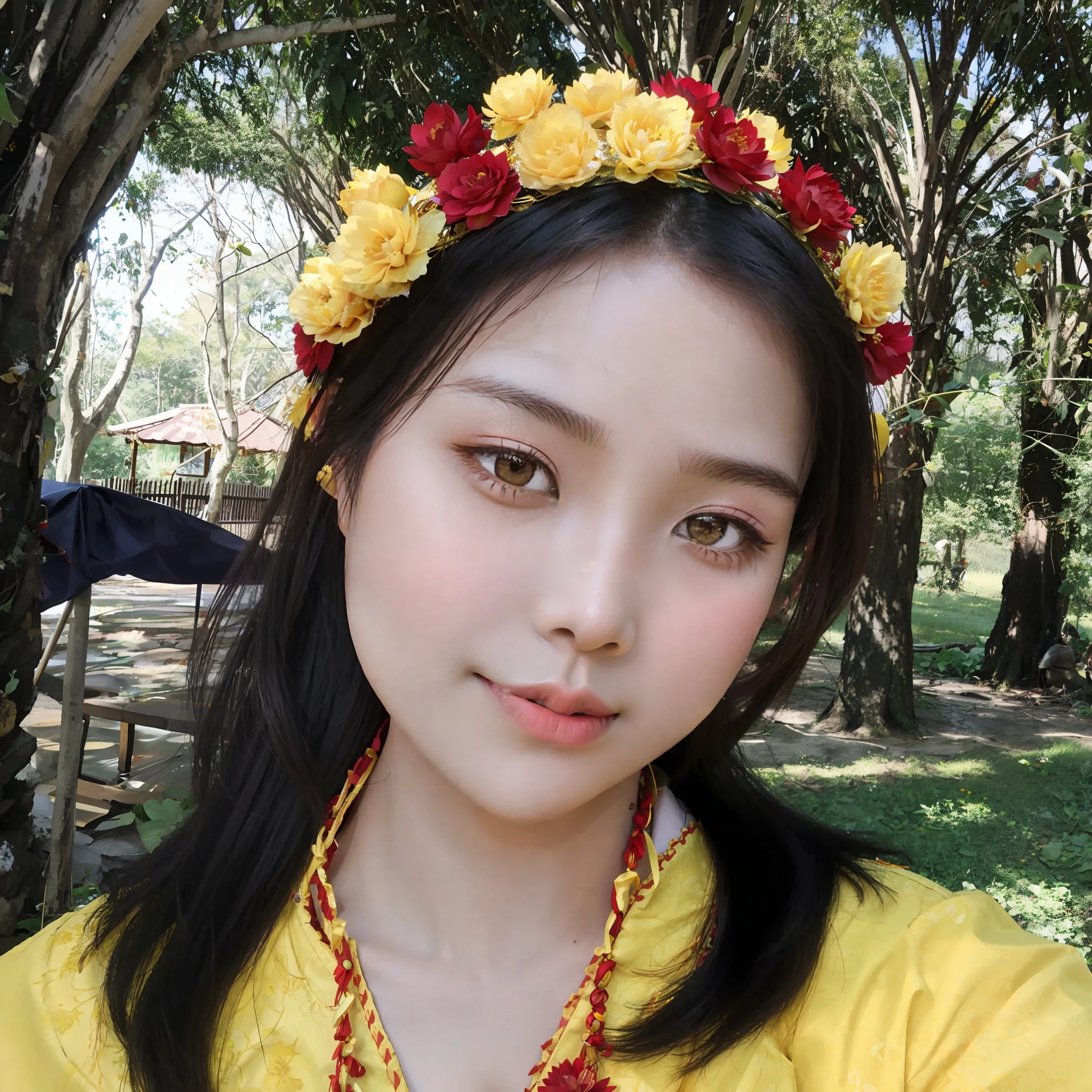 arafed woman wearing a yellow shirt and a red and yellow flower crown, sukhothai costume, anime thai girl, nivanh chanthara, inspired by Jin Nong, with yellow flowers around it, traditional dress, sakimi chan, yellow and red, lotus floral crown girl, wearing red and yellow clothes, traditional costume, traditional tai costume