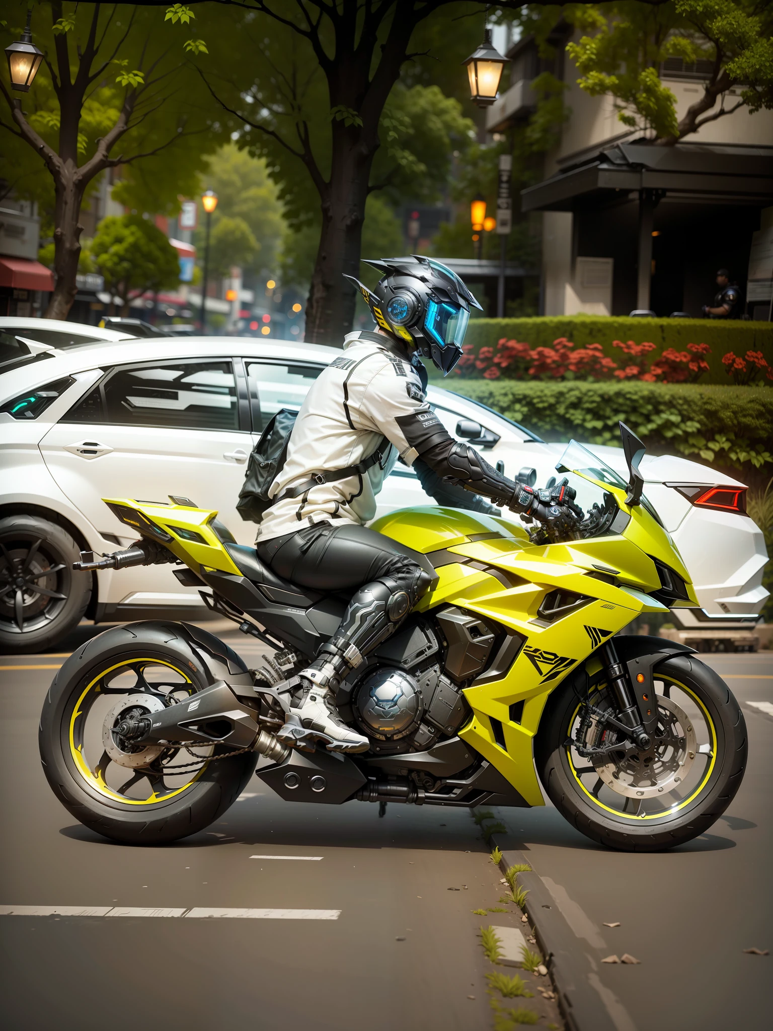 Cyber Male Warrior and Cyber Mechanical Motorcycle, Full Body Mech and Cyber Helmet, Exquisite Black Tech Helmet, Nousr, Biomechanics, MSHN Robot Man, High Tech Helmet, Hyperreal, Steel, Intricate Design, Crazy Detail, Fine Detail, Extremely Clear Lines, Cinematic Lighting, Photo Realistic, Detailed Masterpiece