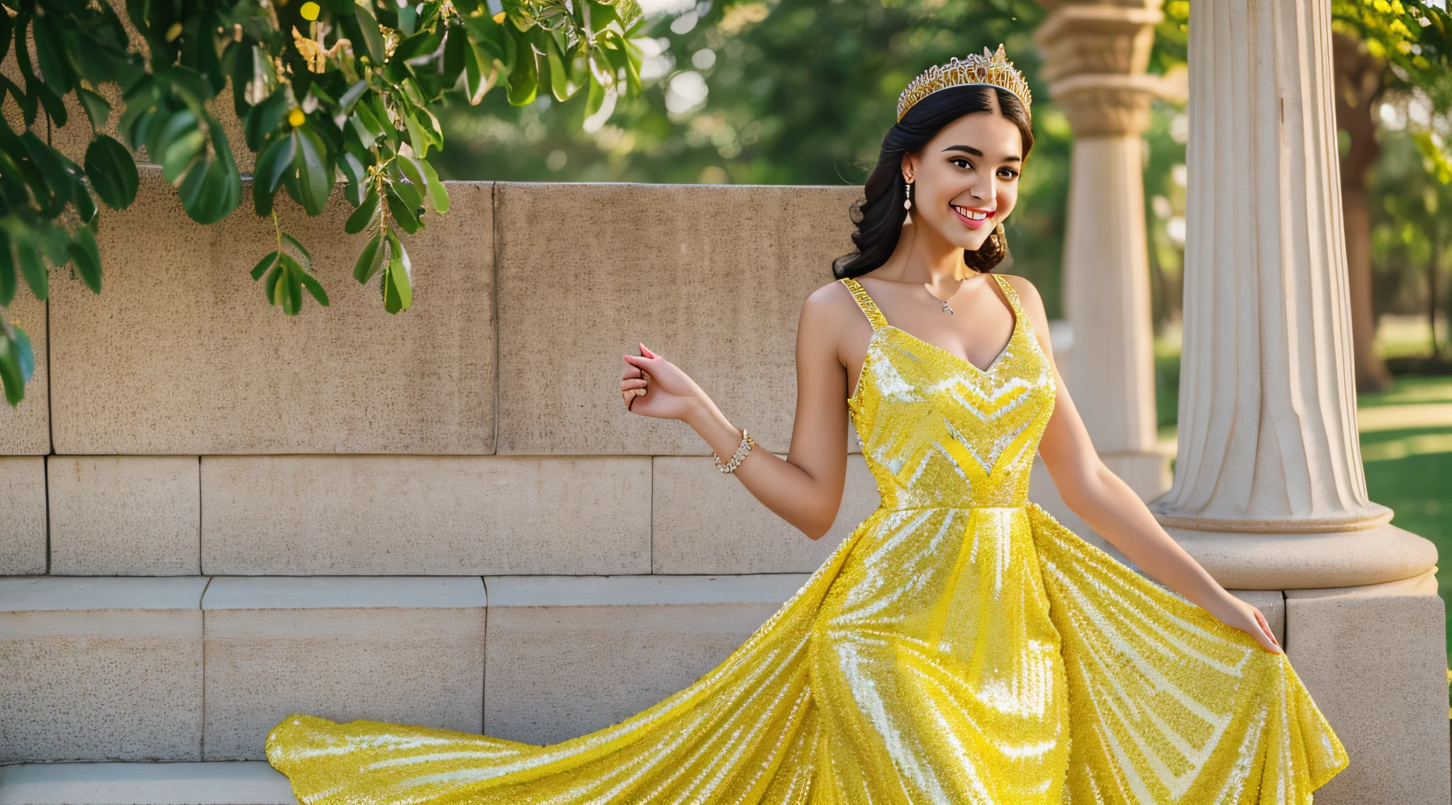 White American woman in yellow sequined dress with smiling emoji, solo appearance, sexy dress, crown, beautiful dress, elegant evening dress! , dress, wearing evening dress, close medium shot, long dress, beautiful dress, wearing yellow long dress, extravagant dress, blue long dress, full length view, royal dress, fantasy dress, yellow dress, amazing elegance