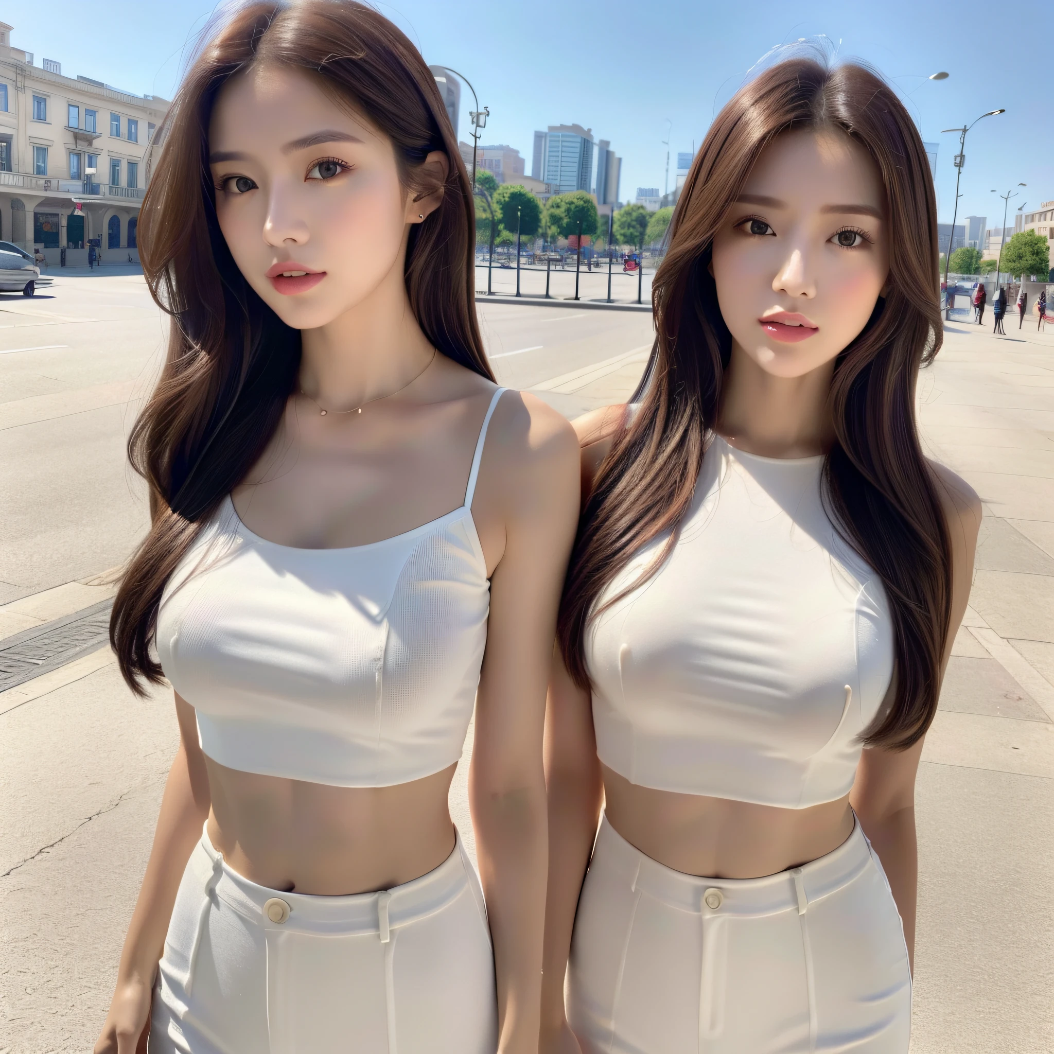 ((Realistic Light, Best Quality, 8K, Masterpiece: 1.3)), Clear Focus: 1.2, 1girl, Perfect Body Beauty: 1.4, Slim Abs: 1.1, ((Dark Brown Hair)), (White Crop Outfit: 1.4) (Outdoor), City View, Super Fine Face, Fine Eyes, Double Eyelids, Full Body Shot