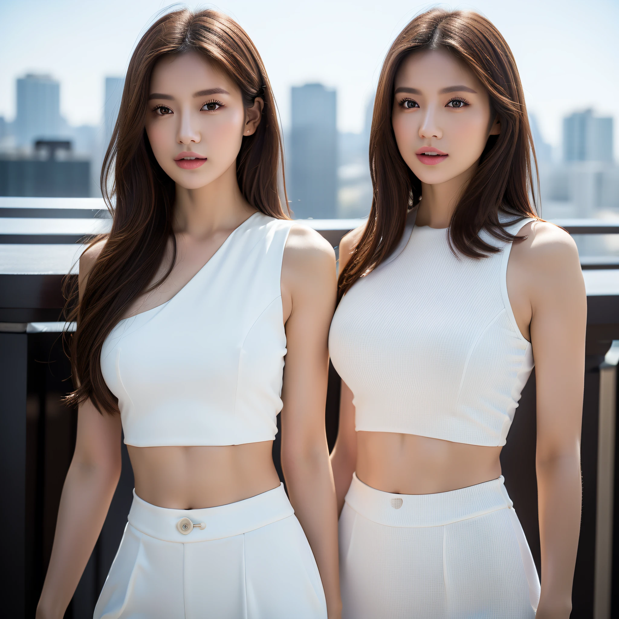 ((Realistic Light, Best Quality, 8K, Masterpiece: 1.3)), Clear Focus: 1.2, 1girl, Perfect Body Beauty: 1.4, Slim Abs: 1.1, ((Dark Brown Hair)), (White Crop Outfit: 1.4) (Outdoor), City View, Super Fine Face, Fine Eyes, Double Eyelids, Full Body Shot