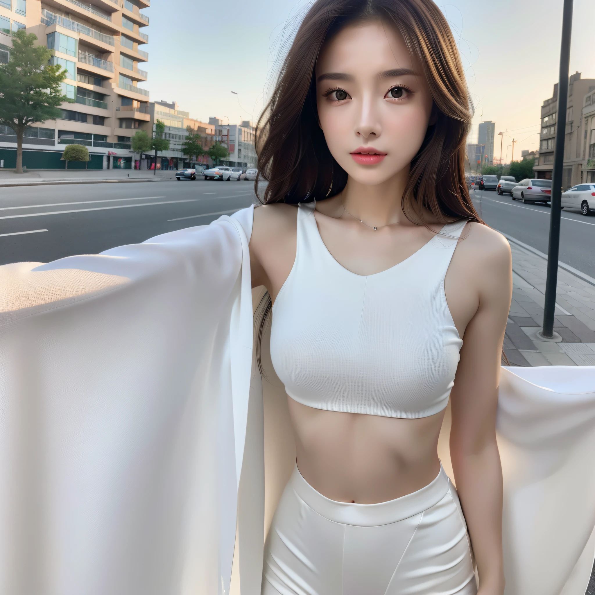 ((Realistic Light, Best Quality, 8K, Masterpiece: 1.3)), Clear Focus: 1.2, 1girl, Perfect Body Beauty: 1.4, Slim Abs: 1.1, ((Dark Brown Hair)), (White Crop Outfit: 1.4) (Outdoor), City View, Super Fine Face, Fine Eyes, Double Eyelids, Full Body Shot