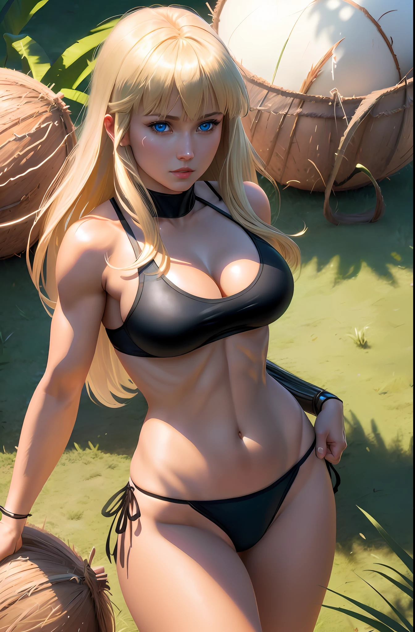 Magik (from x-men, perfect blue eyes, long blonde hair with bangs, medium breasts, strong toned body:1,4) in Hawaii (((wearing coconut bra:1,5)))), (((wearing grass panties:1,5)))), masterpiece:1,2, best quality:1,2, ultra-detailed:1,2, CG illustration, high resolution:1,2, better lighting, better shadow, extremely delicate and beautiful, proper shading, HD, 8k, ray tracing