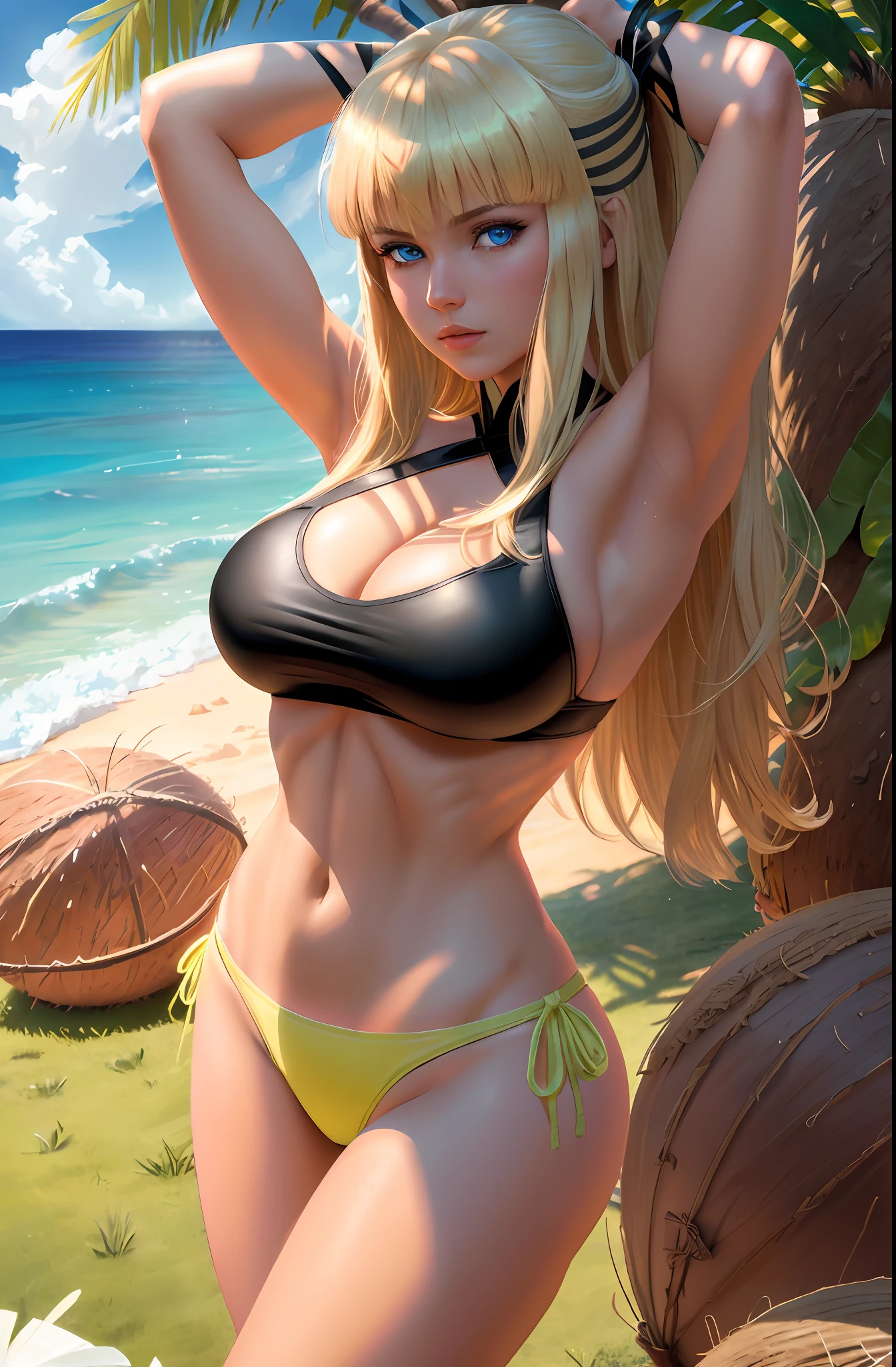 Magik (from x-men, perfect blue eyes, long blonde hair with bangs, medium breasts, strong toned body:1,4) in Hawaii (((wearing coconut bra:1,5)))), (((wearing grass panties:1,5)))), masterpiece:1,2, best quality:1,2, ultra-detailed:1,2, CG illustration, high resolution:1,2, better lighting, better shadow, extremely delicate and beautiful, proper shading, HD, 8k, ray tracing