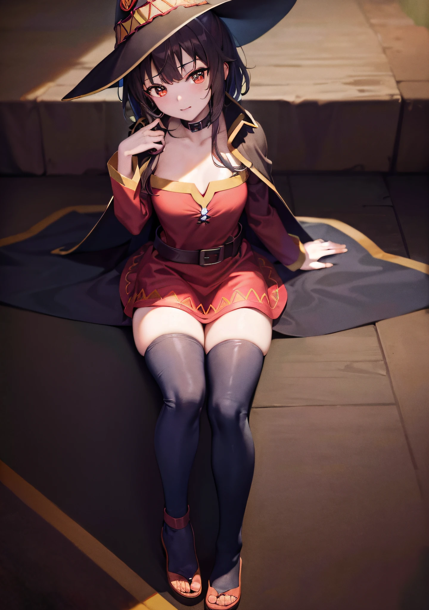 (masterpiece:1.3), (intricate:1), best quality, official art, 8k wallpaper, highly detailed, illustration, cinematic light, on the side, Megumin,megumin's style, cape, hat, 1 girl, (full body view:1.2), sitting on the floor