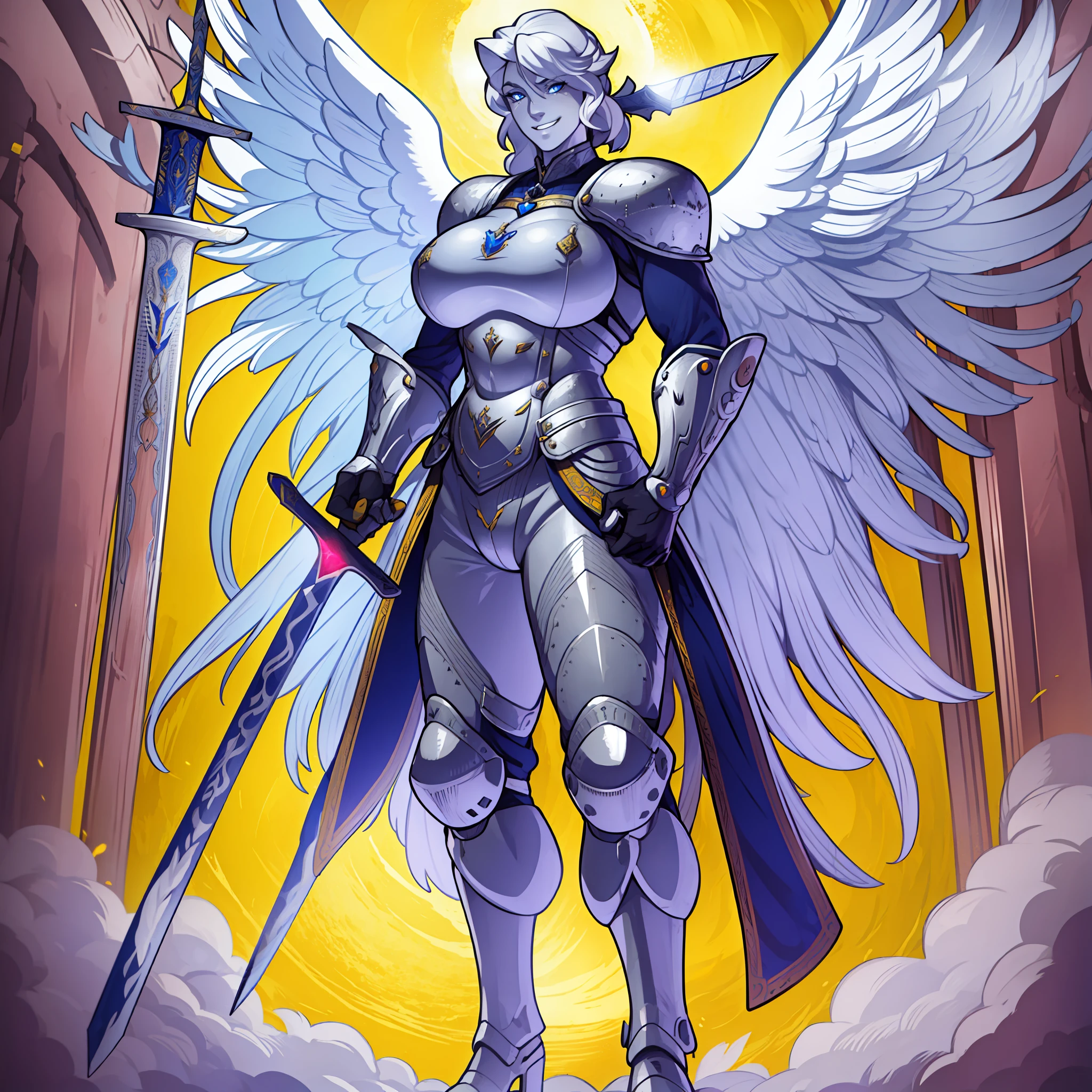 knight, young girl, sword holding , schield holding, angel, silver hair, blue eyes, portrait, 1character, full body, musclegirl , huge breast, tall female, portrait, full body, smile, pants