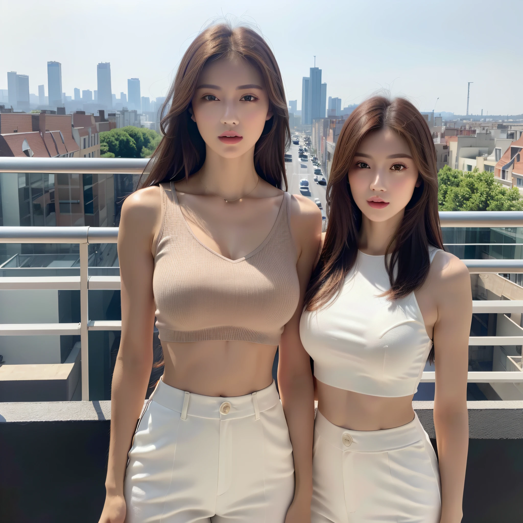 ((Realistic Light, Best Quality, 8K, Masterpiece: 1.3)), Clear Focus: 1.2, 1girl, Perfect Body Beauty: 1.4, Slim Abs: 1.1, ((Dark Brown Hair)), (White Crop Outfit: 1.4) (Outdoor), City View, Super Fine Face, Fine Eyes, Double Eyelids, Full Body Shot
