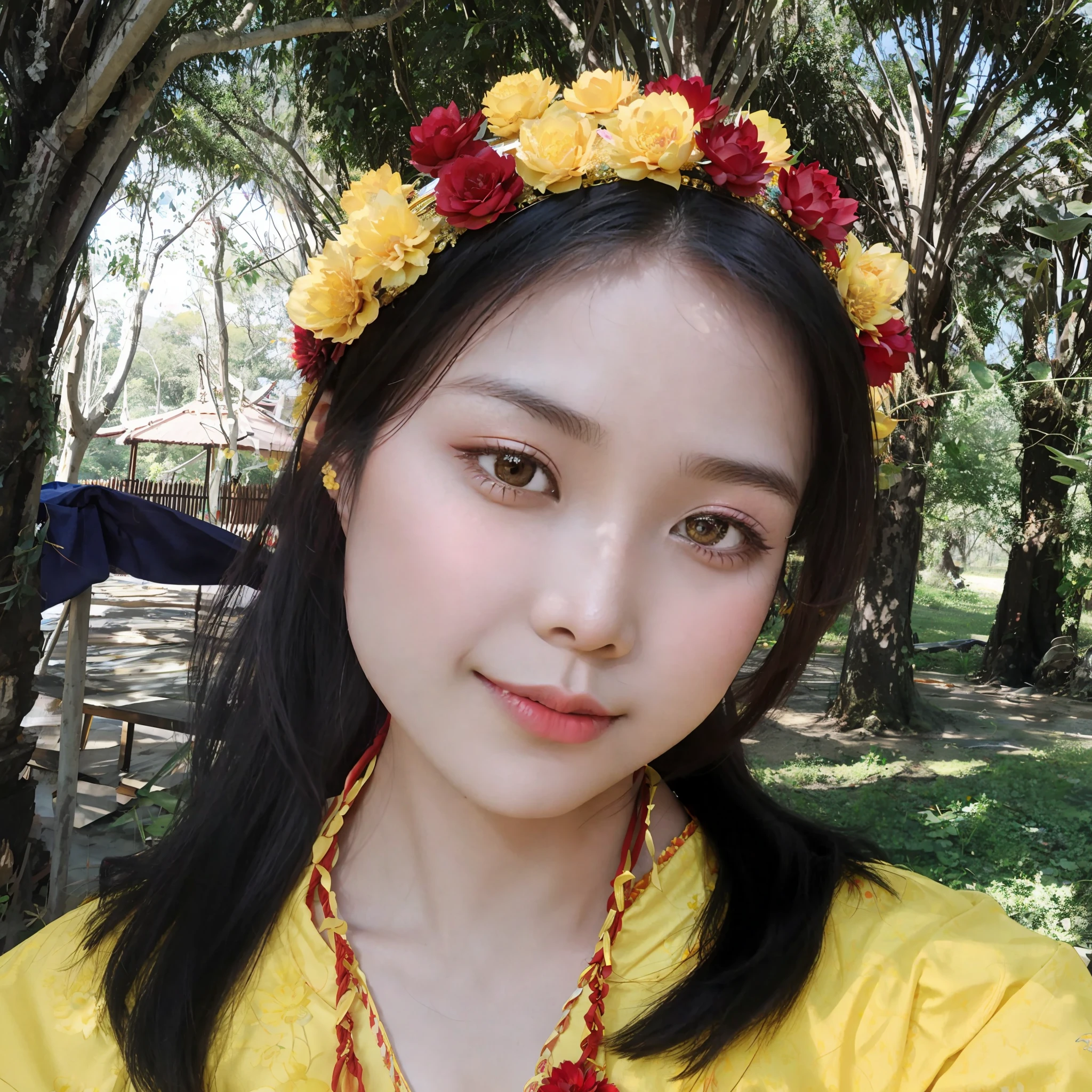arafed woman wearing a yellow shirt and a red and yellow flower crown, sukhothai costume, anime thai girl, nivanh chanthara, inspired by Jin Nong, with yellow flowers around it, traditional dress, sakimi chan, yellow and red, lotus floral crown girl, wearing red and yellow clothes, traditional costume, traditional tai costume