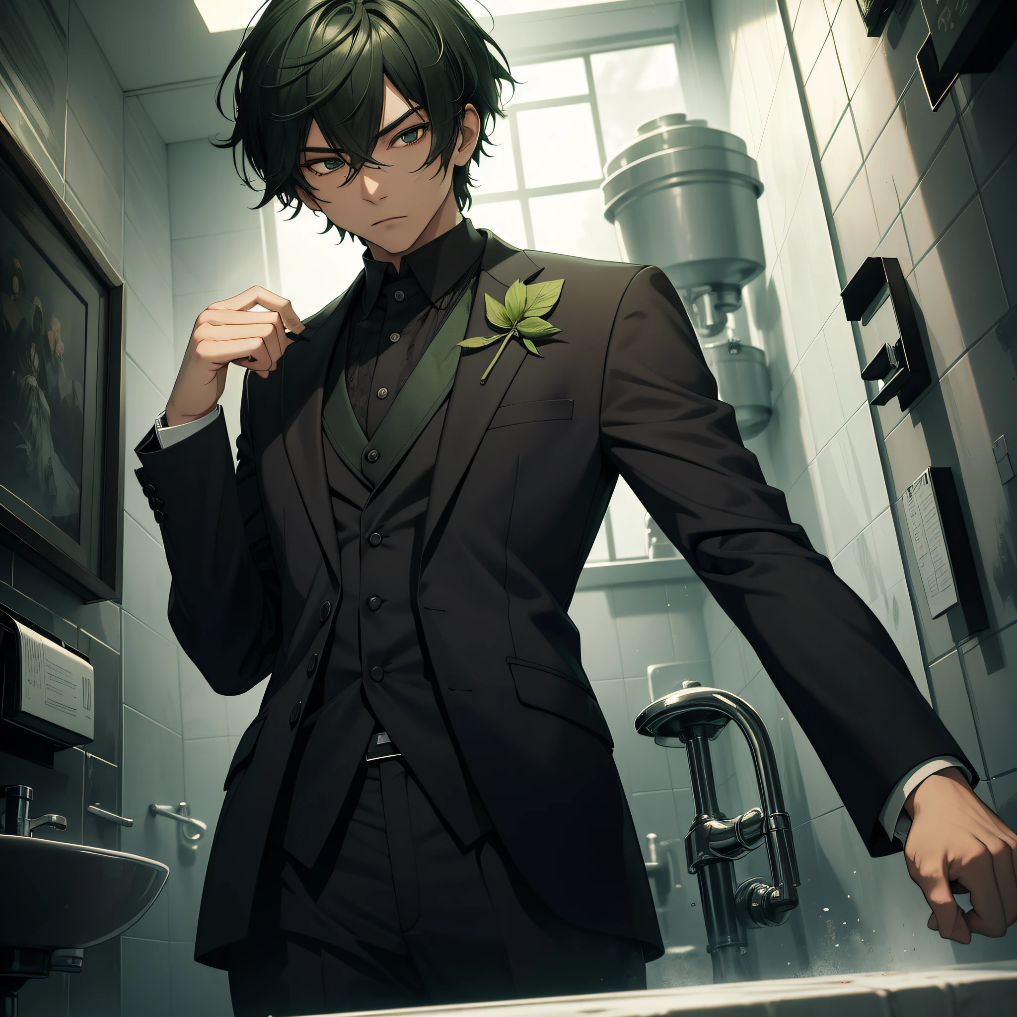 Absurd resolution, high resolution, (masterpiece: 1.4), hyperdetail, Asian, young man with short green hair, black suit, very black weird toilet, serious scared expression